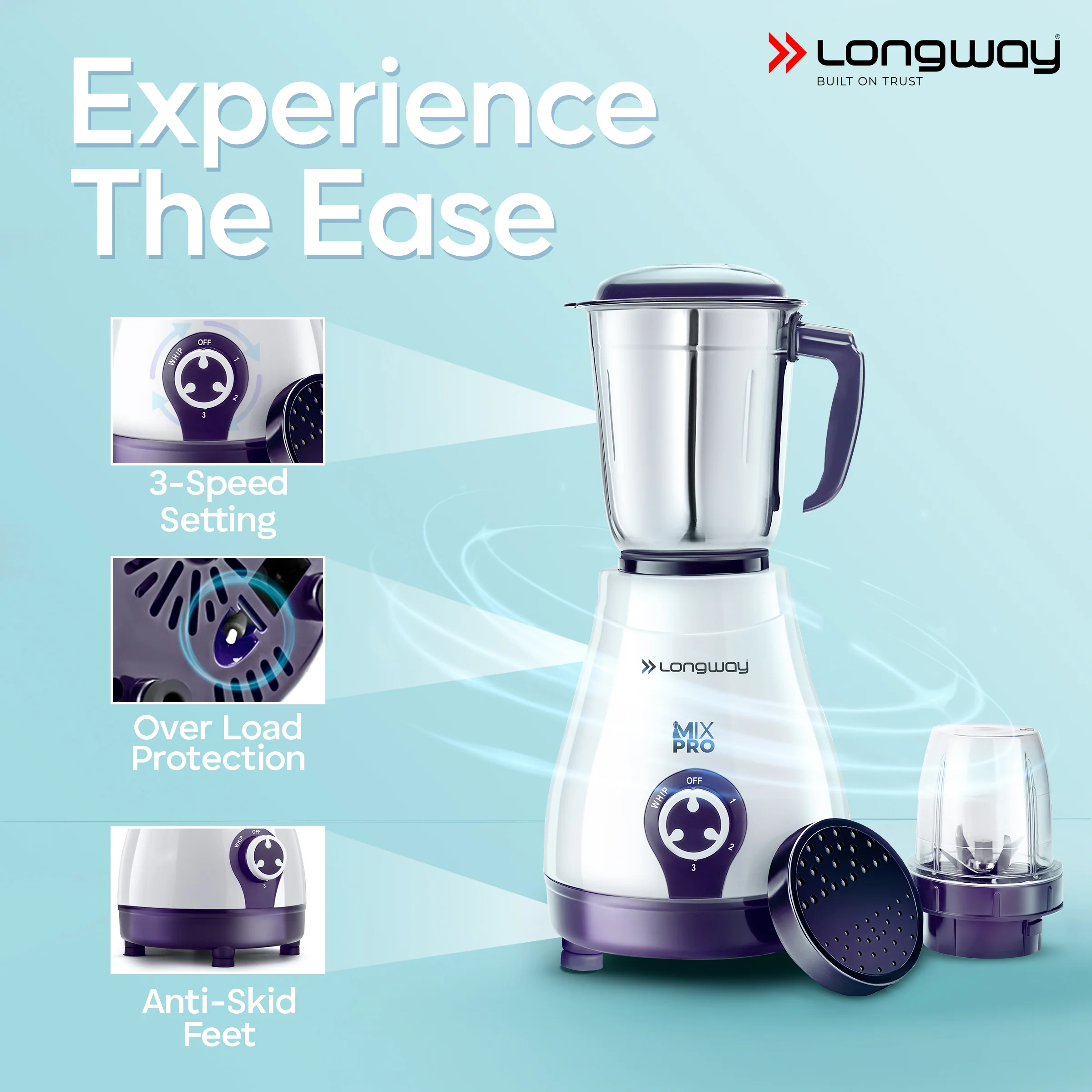 Longway Mix Pro 550 Watt Mixer Grinder with 4 Jars for Grinding, Mixing, Blending, Juicing with Powerful Motor | 2 Year Warranty | (Purple, 4 Jars) - Image 4