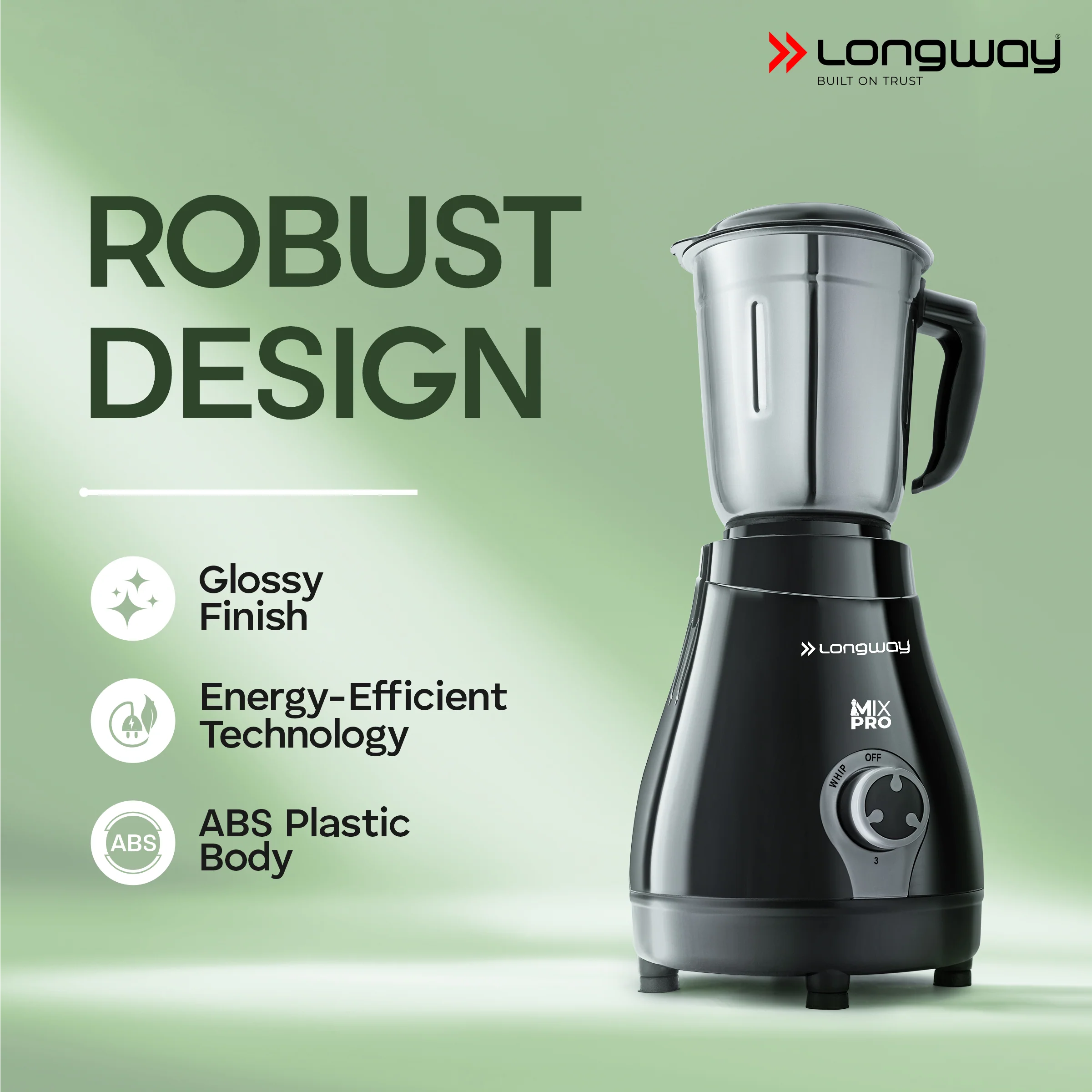 Longway Mix Pro 550 Watt Mixer Grinder with 4 Jars for Grinding, Mixing, Blending, Juicing with Powerful Motor | 2 Years Warranty | (Black, 4 Jars) - Image 3