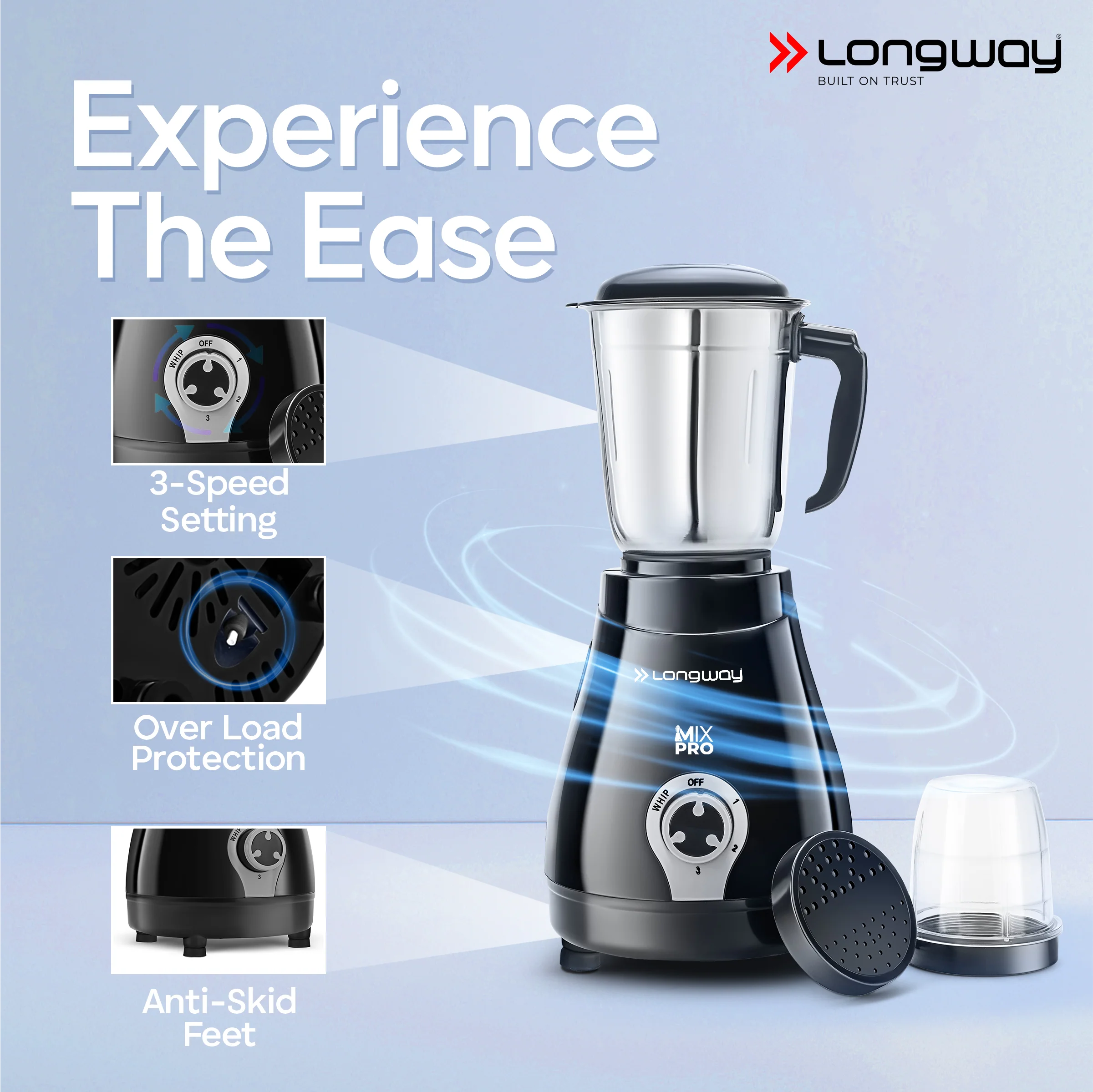 Longway Mix Pro 550 Watt Mixer Grinder with 4 Jars for Grinding, Mixing, Blending, Juicing with Powerful Motor | 2 Years Warranty | (Black, 4 Jars) - Image 4