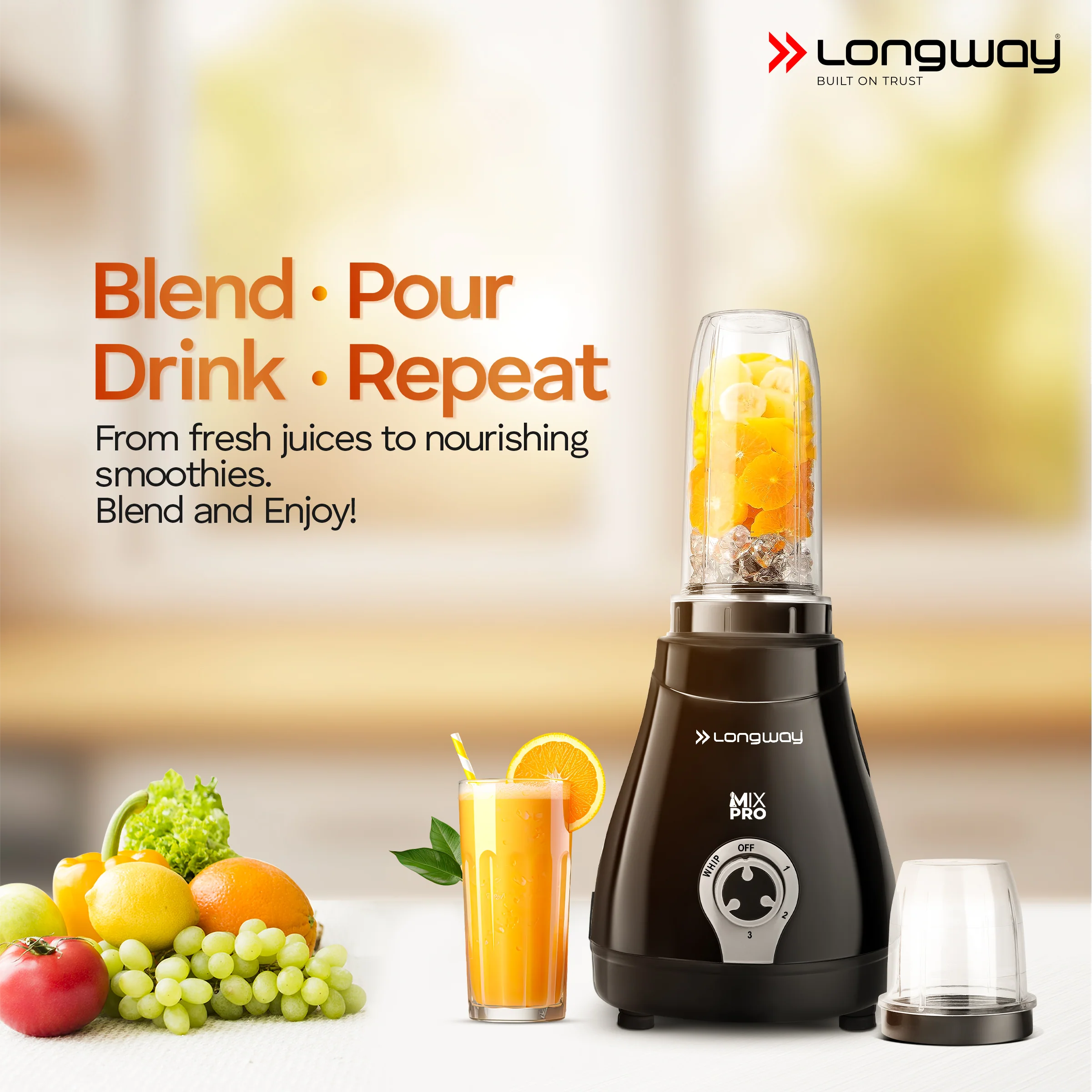 Longway Mix Pro 550 Watt Mixer Grinder with 4 Jars for Grinding, Mixing, Blending, Juicing with Powerful Motor | 2 Years Warranty | (Black, 4 Jars) - Image 5