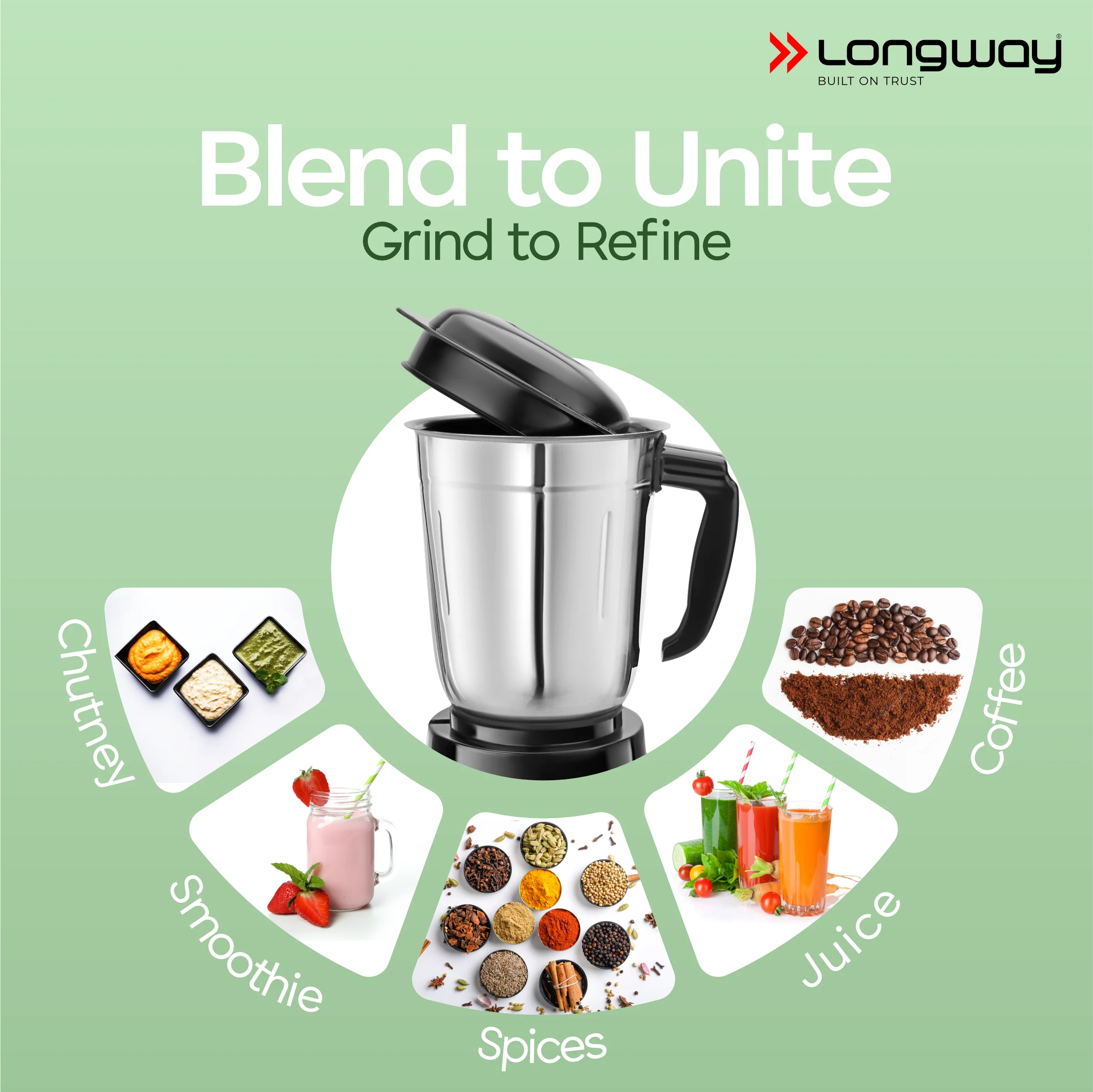 Longway Mix Pro 550 Watt Mixer Grinder with 4 Jars for Grinding, Mixing, Blending, Juicing with Powerful Motor | 2 Years Warranty | (Black, 4 Jars) - Image 6