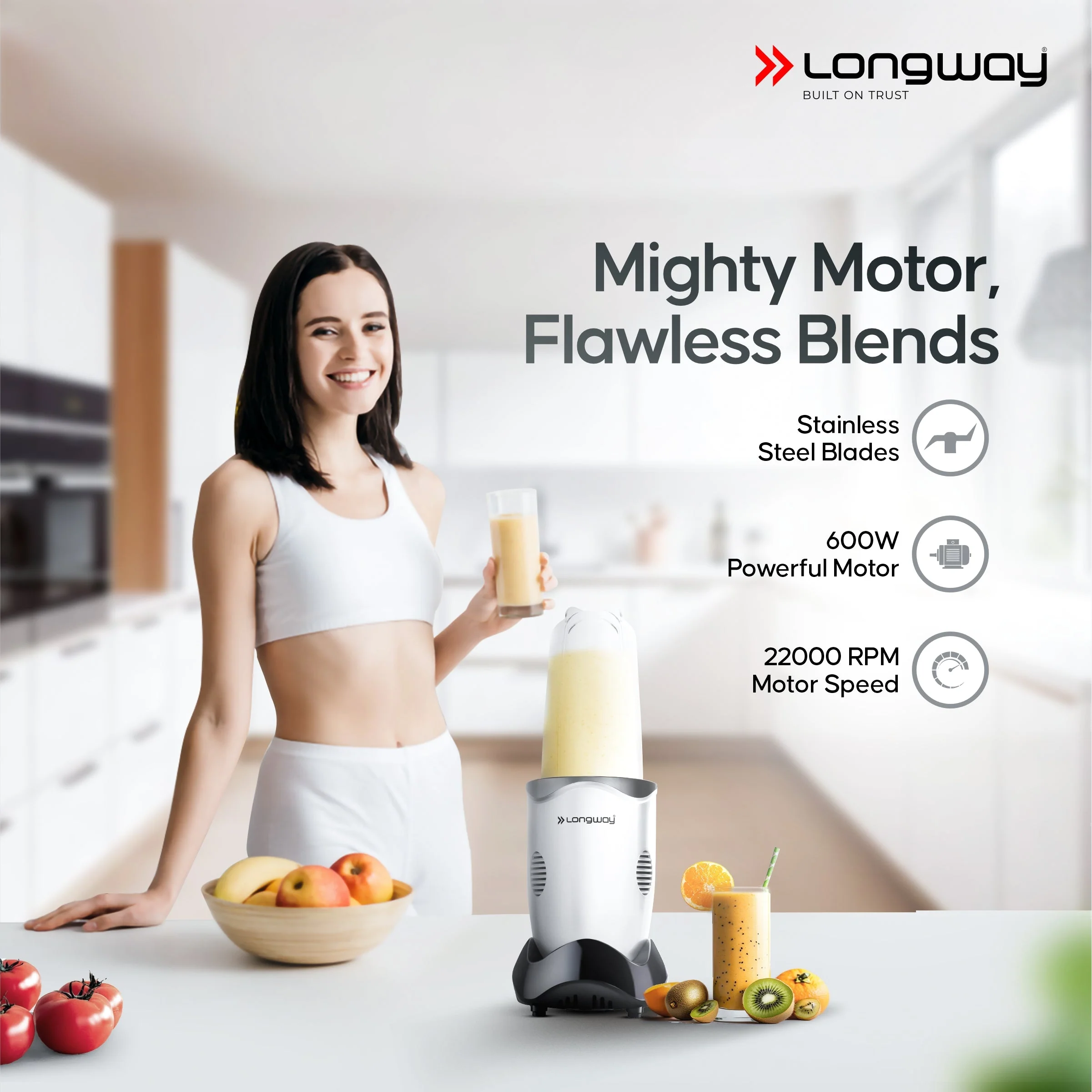 Longway Nutri Power 600 W Bullet Mixer Grinder & Smoothie Maker with Stainless Steel Blades & ABS Plastic Body | 22000 RPM | 3 Years Warranty (2 Jars, Silver) - Image 4