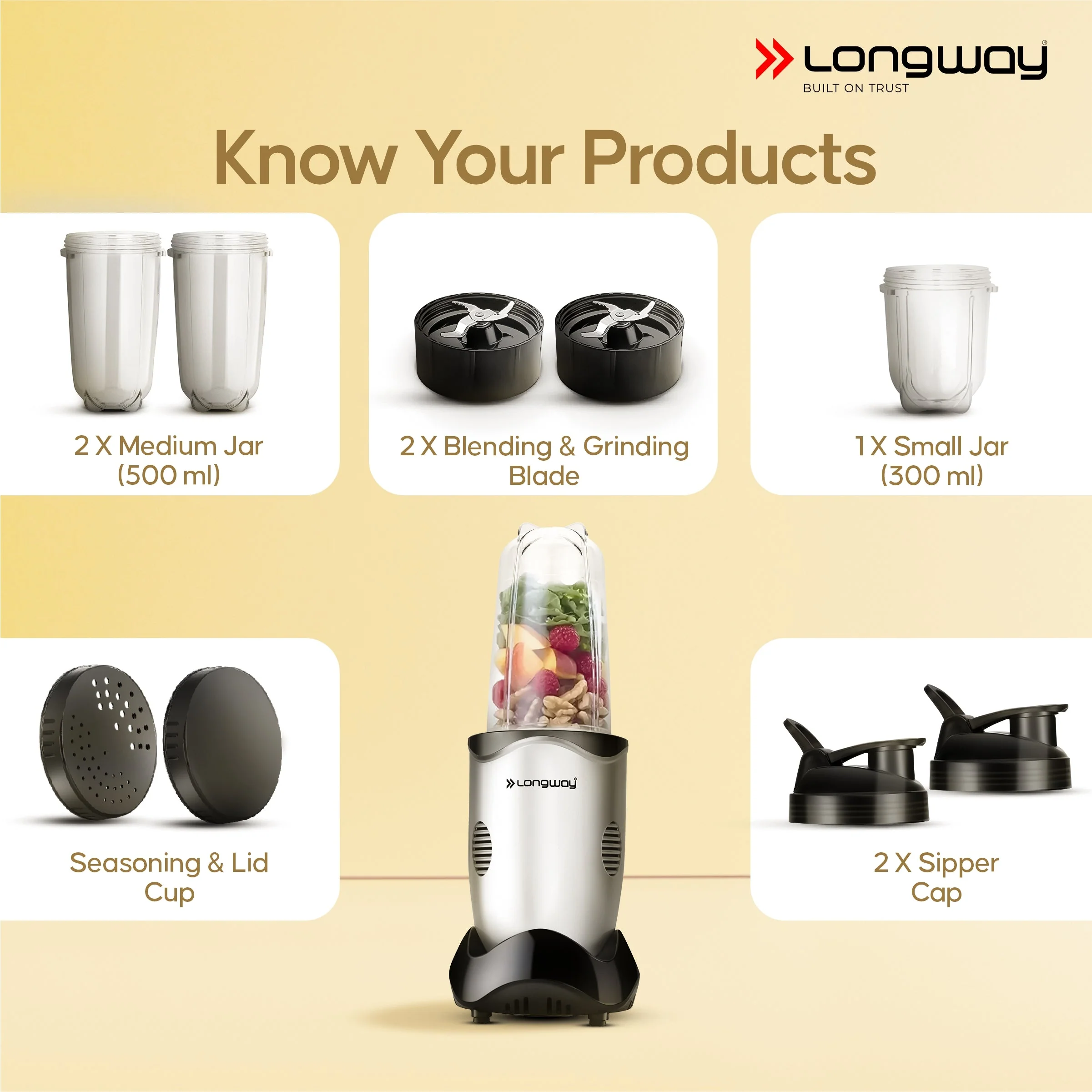 Longway Nutri Power 600 W Bullet Mixer Grinder & Smoothie Maker with Stainless Steel Blades & ABS Plastic Body | 22000 RPM | 3 Years Warranty (3 Jars, Silver) - Image 6