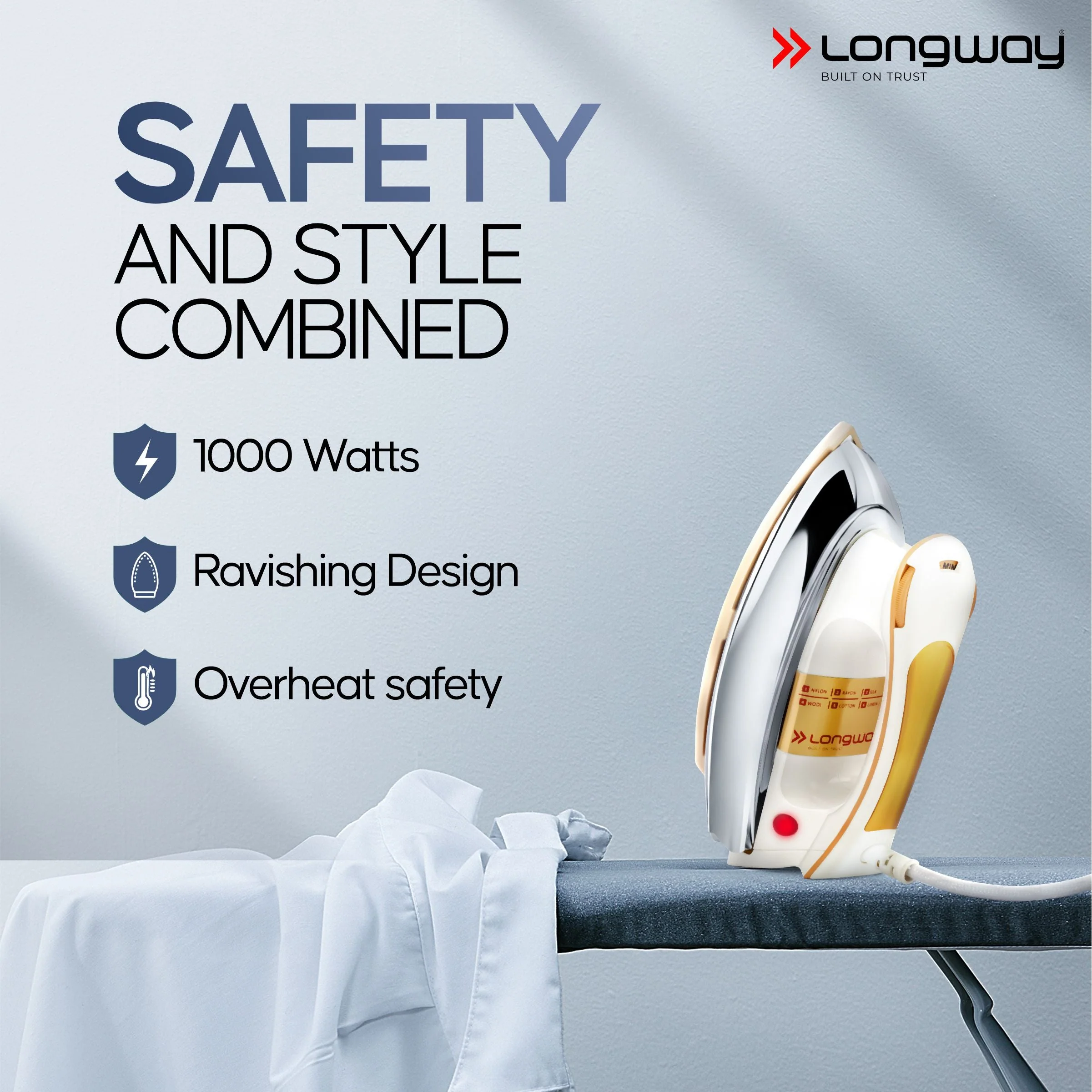 Longway Plancha Heavy Weight Non-Stick Teflon Coated Dry Iron, Electric Iron for Clothes | 2 Years Warranty| (1000 Watt, Ivory) - Image 3