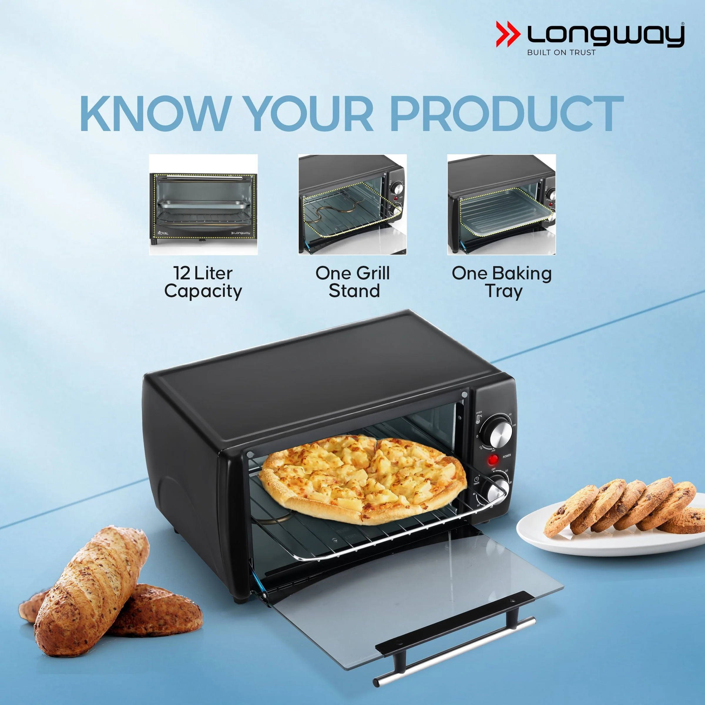 Longway Royal OTG 12 Ltr Oven Toaster Griller with Heating Modes | Temperature Timer Control for Baking Pizza, Cake, Grilling Chicken & Toasting Bread| (1000 W, Black) - Image 3