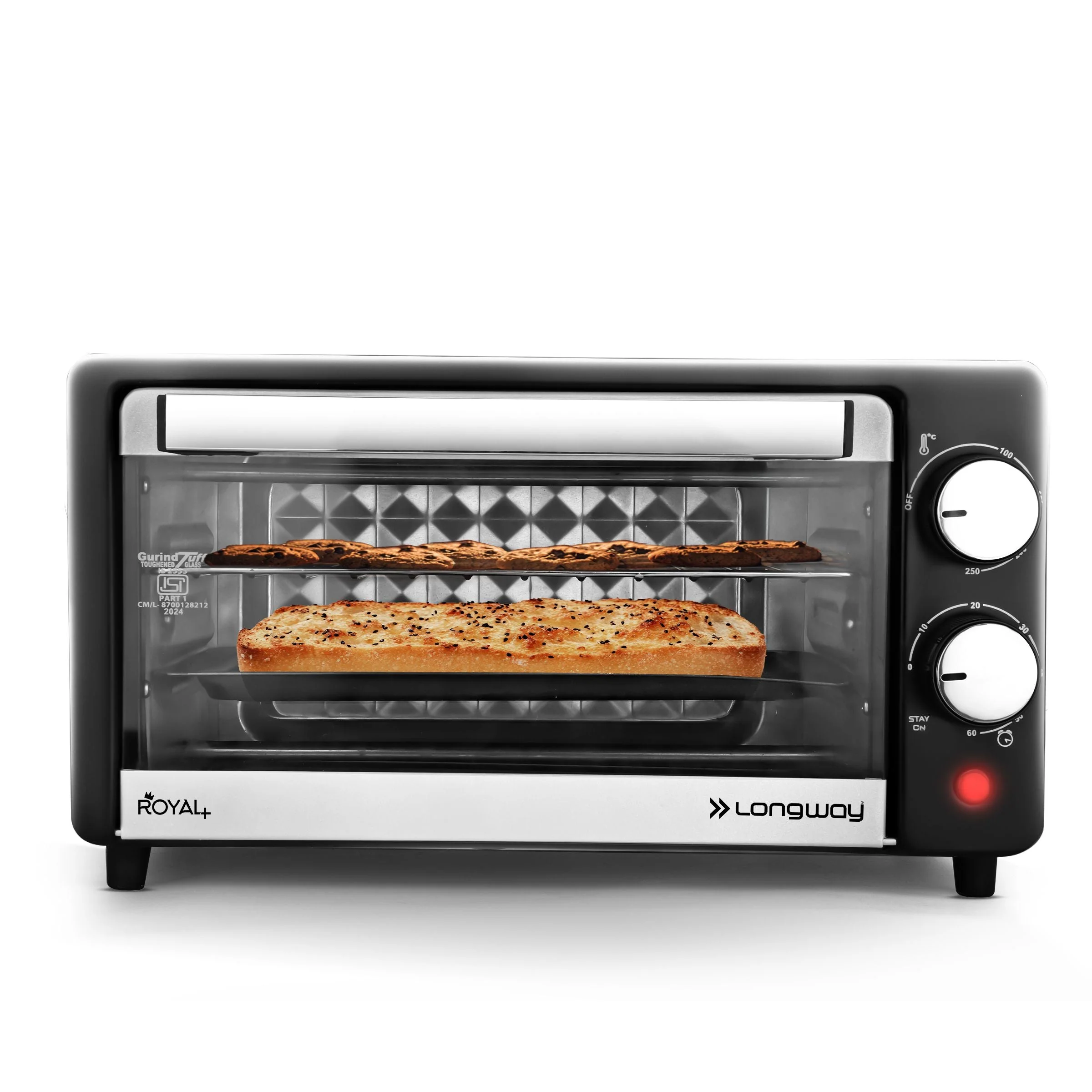 Longway Royal Plus OTG 12 Ltr Oven Toaster Griller with Multiple Heating Modes | Temperature Timer Control for Baking Pizza, Cake, Grilling Chicken & Toasting Bread|2 Years Warranty (800W, Silver)