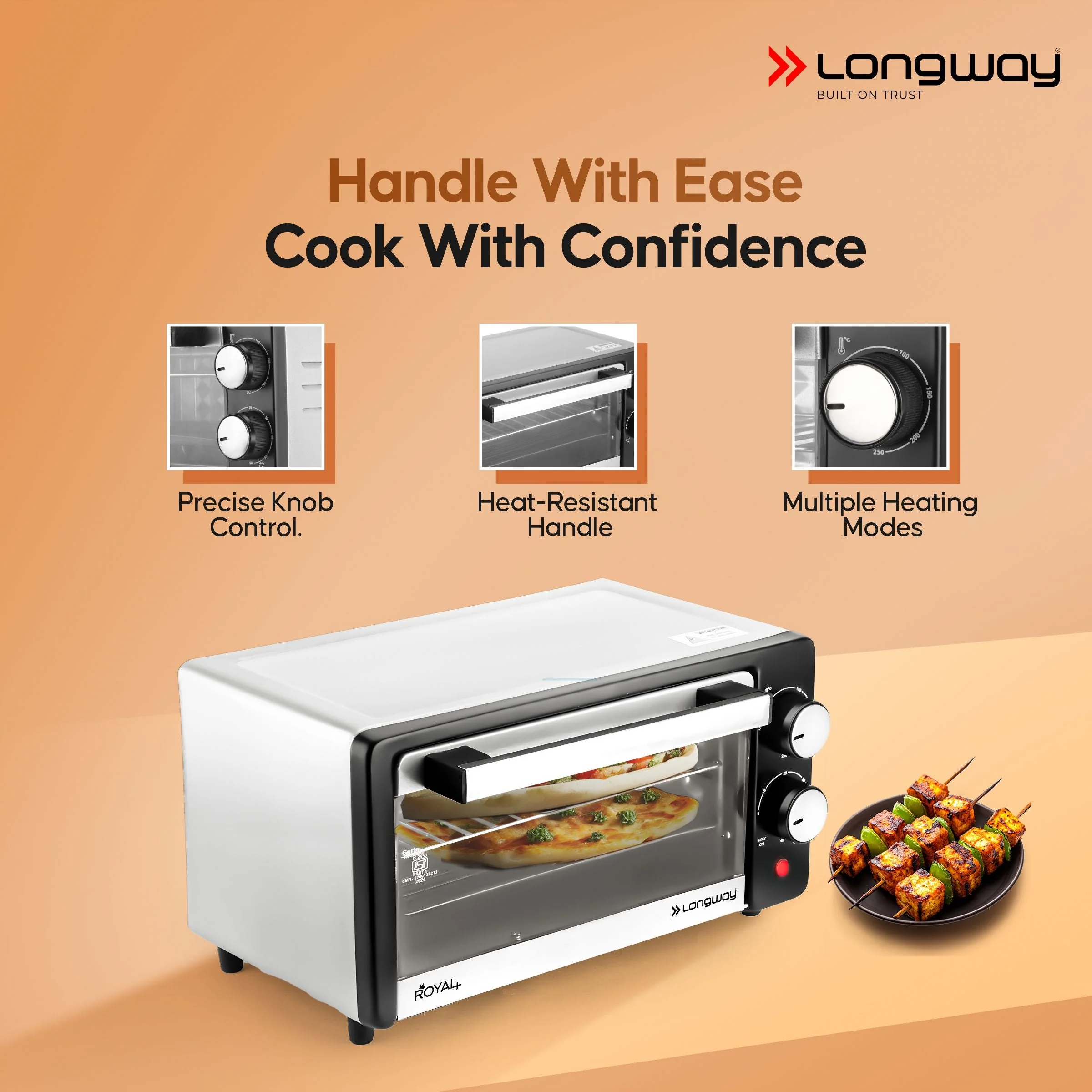Longway Royal Plus OTG 12 Ltr Oven Toaster Griller with Multiple Heating Modes | Temperature Timer Control for Baking Pizza, Cake, Grilling Chicken & Toasting Bread|2 Years Warranty (800W, Silver) - Image 4