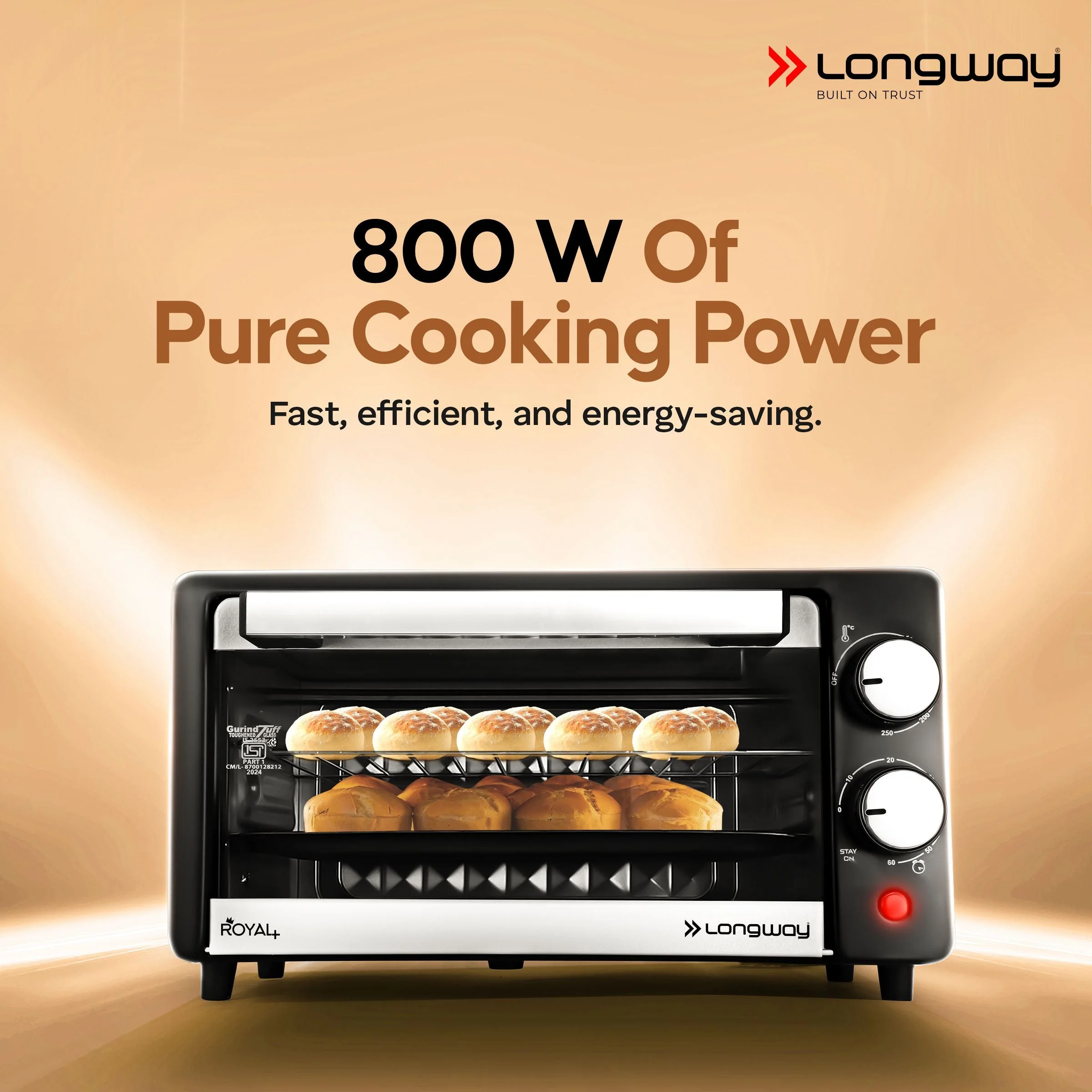Longway Royal Plus OTG 12 Ltr Oven Toaster Griller with Multiple Heating Modes | Temperature Timer Control for Baking Pizza, Cake, Grilling Chicken & Toasting Bread|2 Years Warranty (800W, Silver) - Image 5