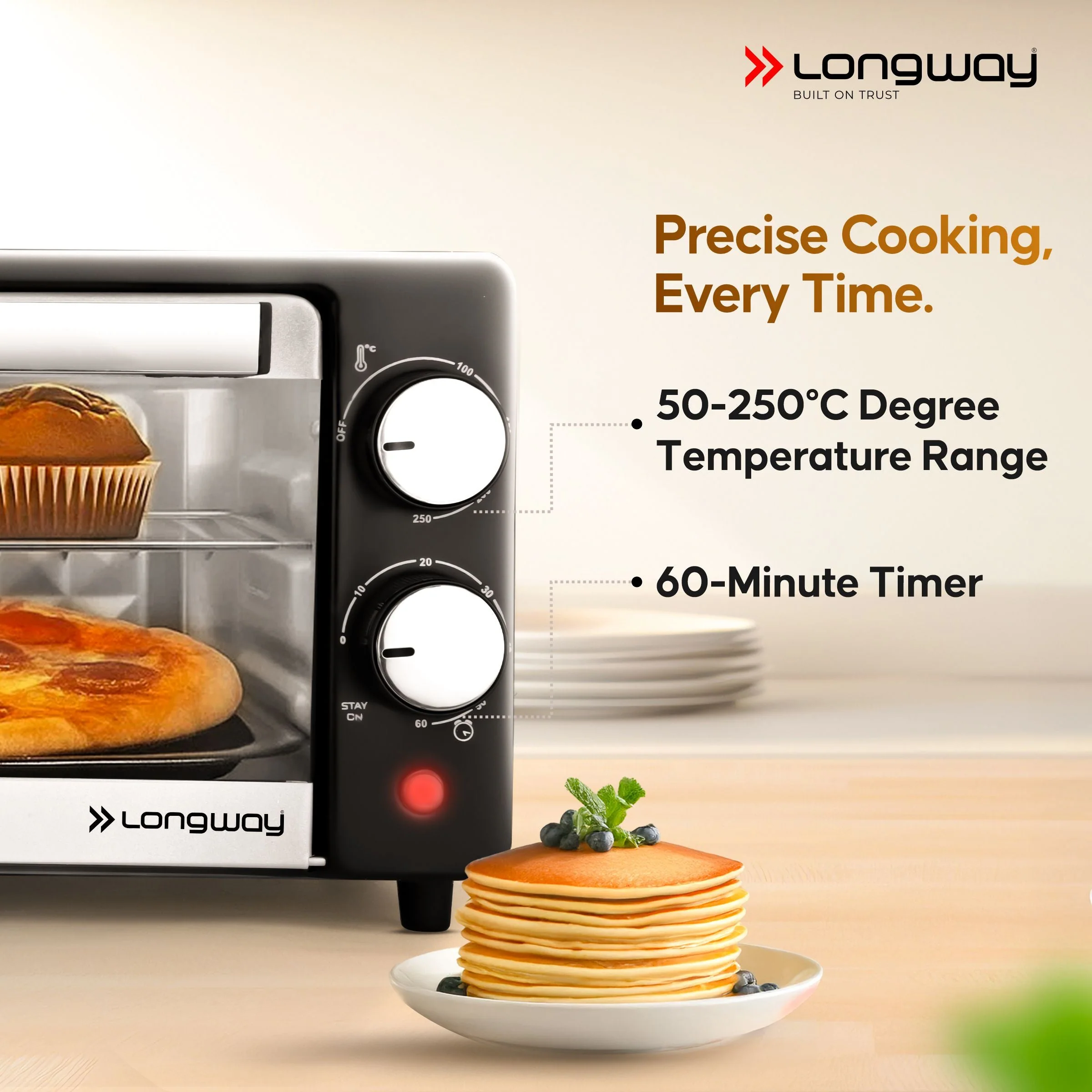 Longway Royal Plus OTG 12 Ltr Oven Toaster Griller with Multiple Heating Modes | Temperature Timer Control for Baking Pizza, Cake, Grilling Chicken & Toasting Bread|2 Years Warranty (800W, Silver) - Image 6