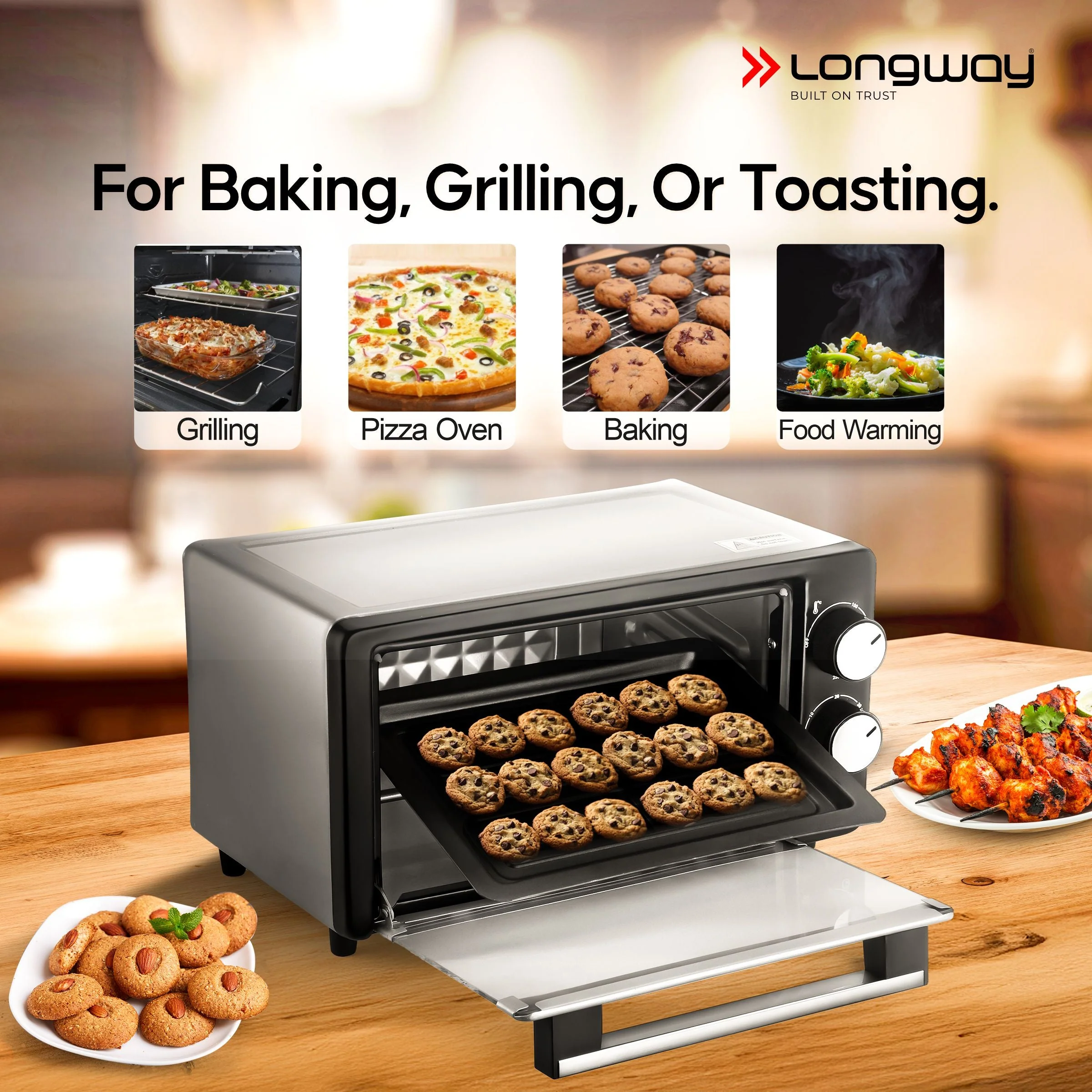 Longway Royal Plus OTG 12 Ltr Oven Toaster Griller with Multiple Heating Modes | Temperature Timer Control for Baking Pizza, Cake, Grilling Chicken & Toasting Bread|2 Years Warranty (800W, Silver) - Image 7