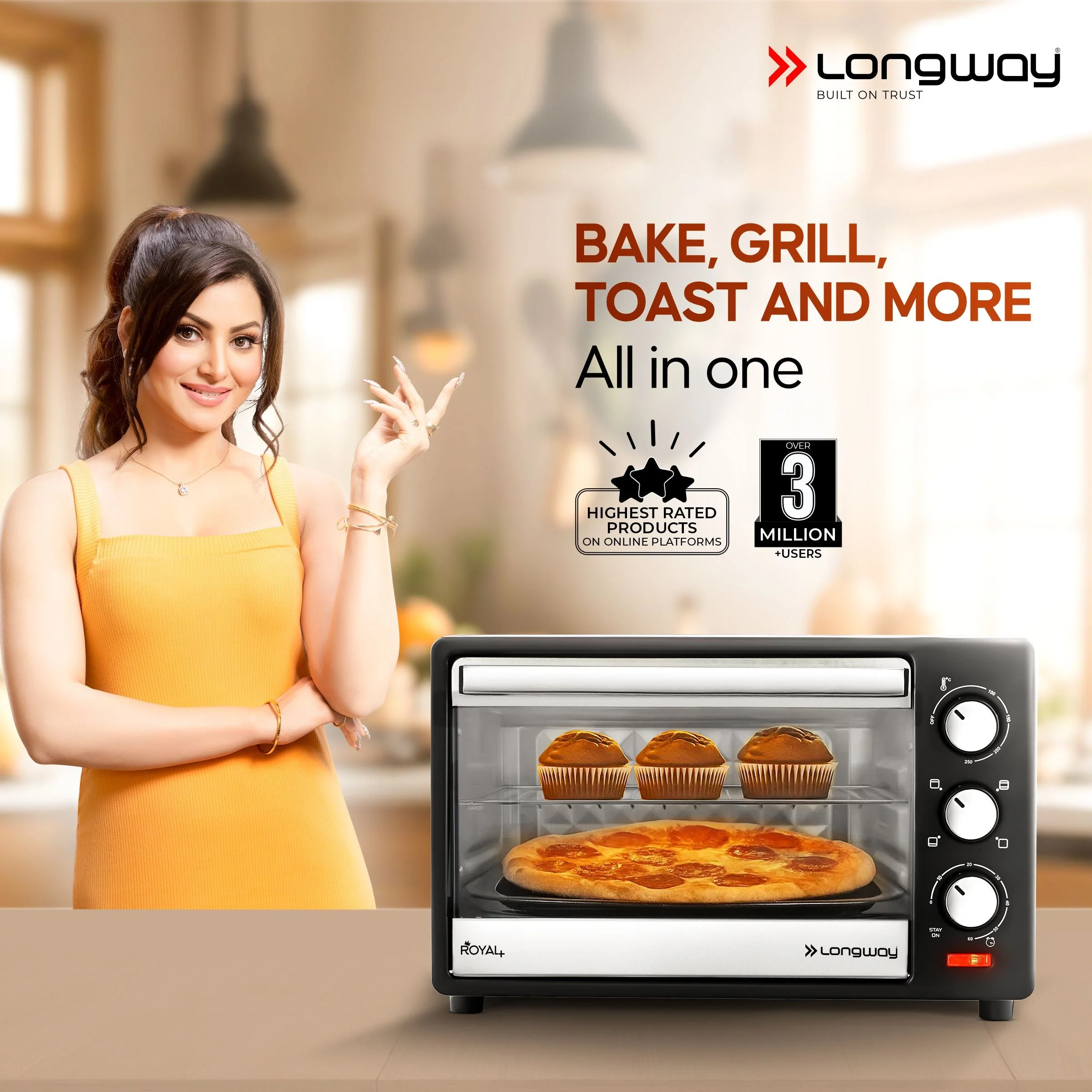 Longway Royal Plus OTG 25 Ltr Oven Toaster Griller with Multiple Heating Modes | Temperature Timer Control for Baking Pizza, Cake, Grilling Chicken & Toasting Bread| 2 Years Warranty (1280W, Silver) - Image 2