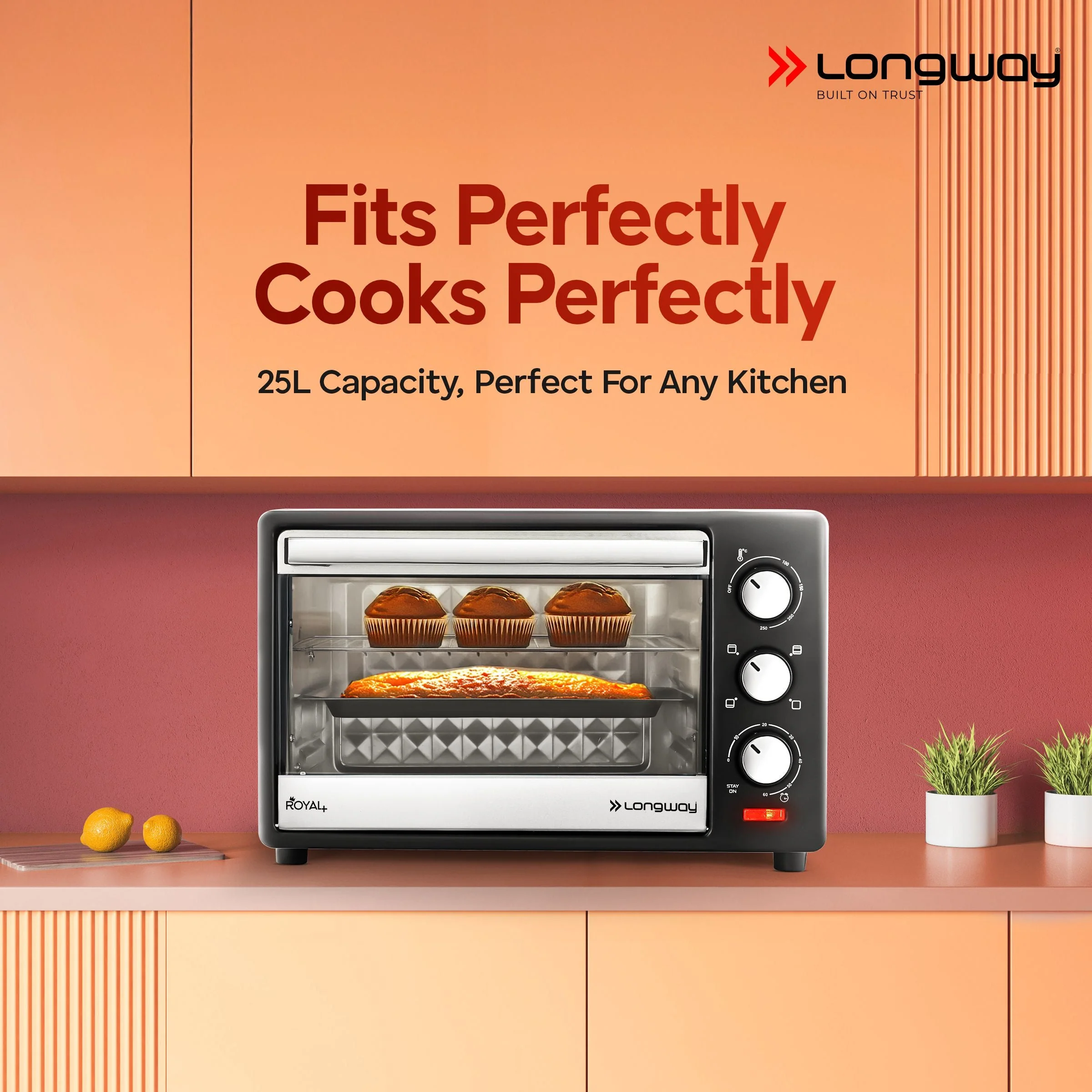 Longway Royal Plus OTG 25 Ltr Oven Toaster Griller with Multiple Heating Modes | Temperature Timer Control for Baking Pizza, Cake, Grilling Chicken & Toasting Bread| 2 Years Warranty (1280W, Silver) - Image 3