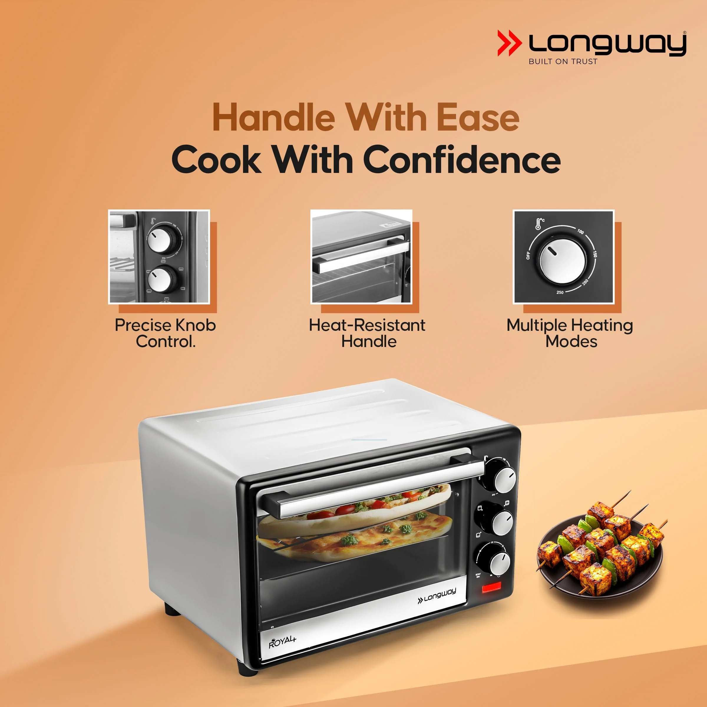 Longway Royal Plus OTG 25 Ltr Oven Toaster Griller with Multiple Heating Modes | Temperature Timer Control for Baking Pizza, Cake, Grilling Chicken & Toasting Bread| 2 Years Warranty (1280W, Silver) - Image 4