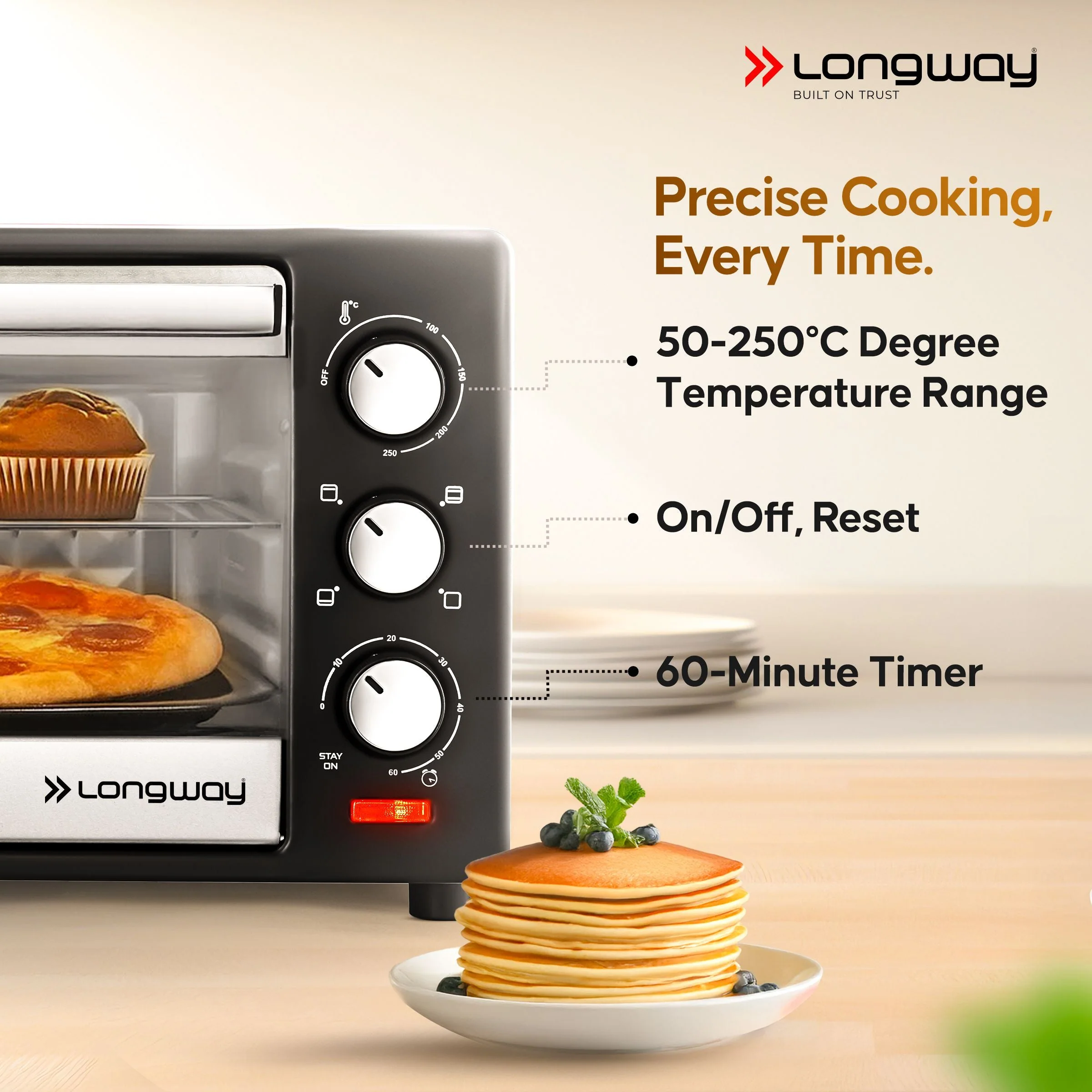 Longway Royal Plus OTG 25 Ltr Oven Toaster Griller with Multiple Heating Modes | Temperature Timer Control for Baking Pizza, Cake, Grilling Chicken & Toasting Bread| 2 Years Warranty (1280W, Silver) - Image 6