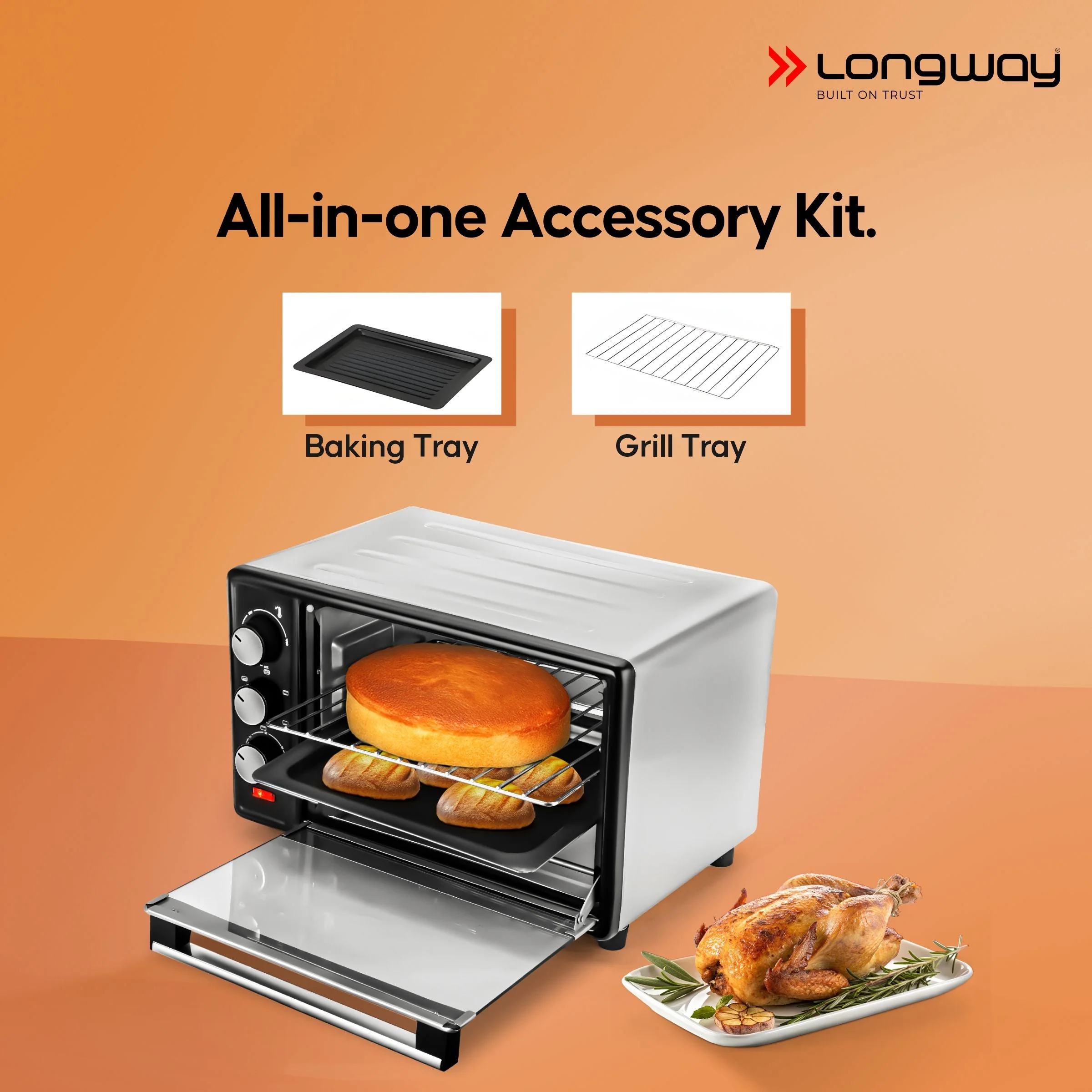 Longway Royal Plus OTG 25 Ltr Oven Toaster Griller with Multiple Heating Modes | Temperature Timer Control for Baking Pizza, Cake, Grilling Chicken & Toasting Bread| 2 Years Warranty (1280W, Silver) - Image 7