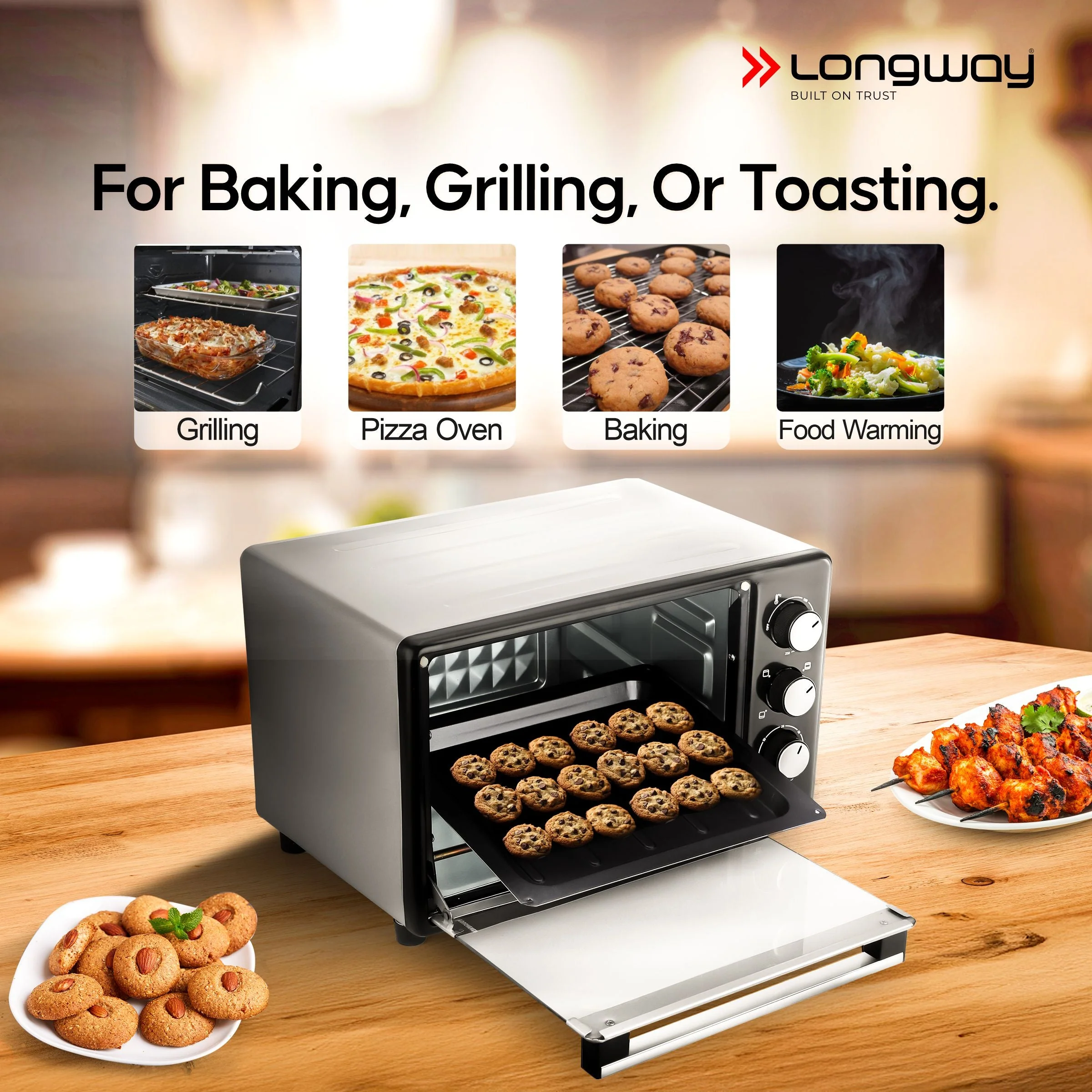 Longway Royal Plus OTG 25 Ltr Oven Toaster Griller with Multiple Heating Modes | Temperature Timer Control for Baking Pizza, Cake, Grilling Chicken & Toasting Bread| 2 Years Warranty (1280W, Silver) - Image 8