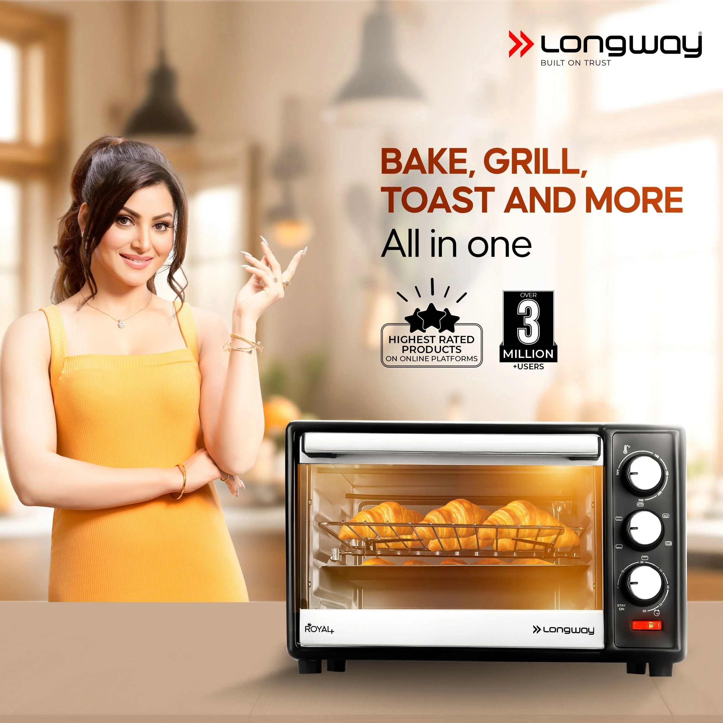 Longway Royal Plus OTG 28 Ltr Oven Toaster Griller with Illuminated chamber, Motorized rotisserie Multiple Heating Modes | Temperature Timer Control for Baking Pizza, Cake, Grilling Chicken & Toasting Bread (1500W, Silver) - Image 2