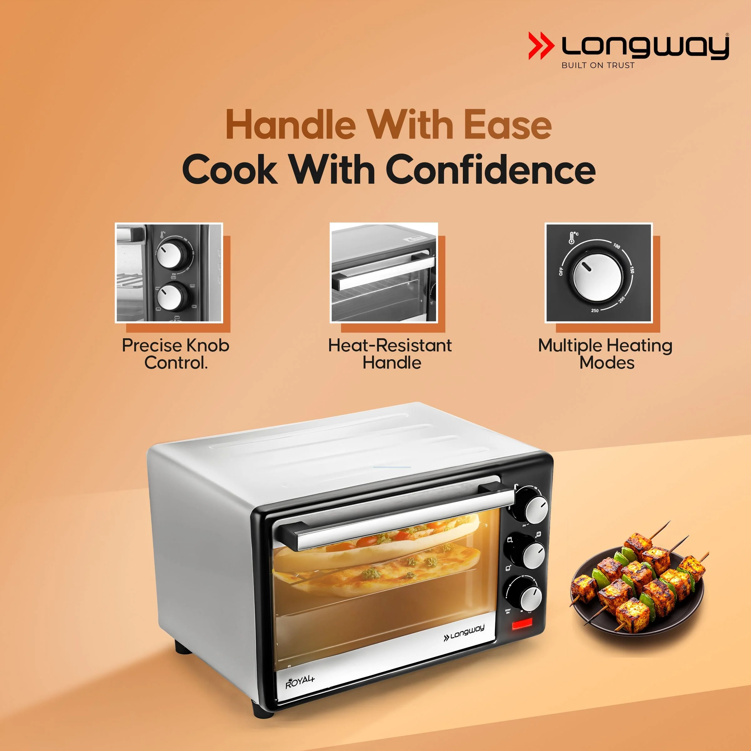 Longway Royal Plus OTG 28 Ltr Oven Toaster Griller with Illuminated chamber, Motorized rotisserie Multiple Heating Modes | Temperature Timer Control for Baking Pizza, Cake, Grilling Chicken & Toasting Bread (1500W, Silver) - Image 4