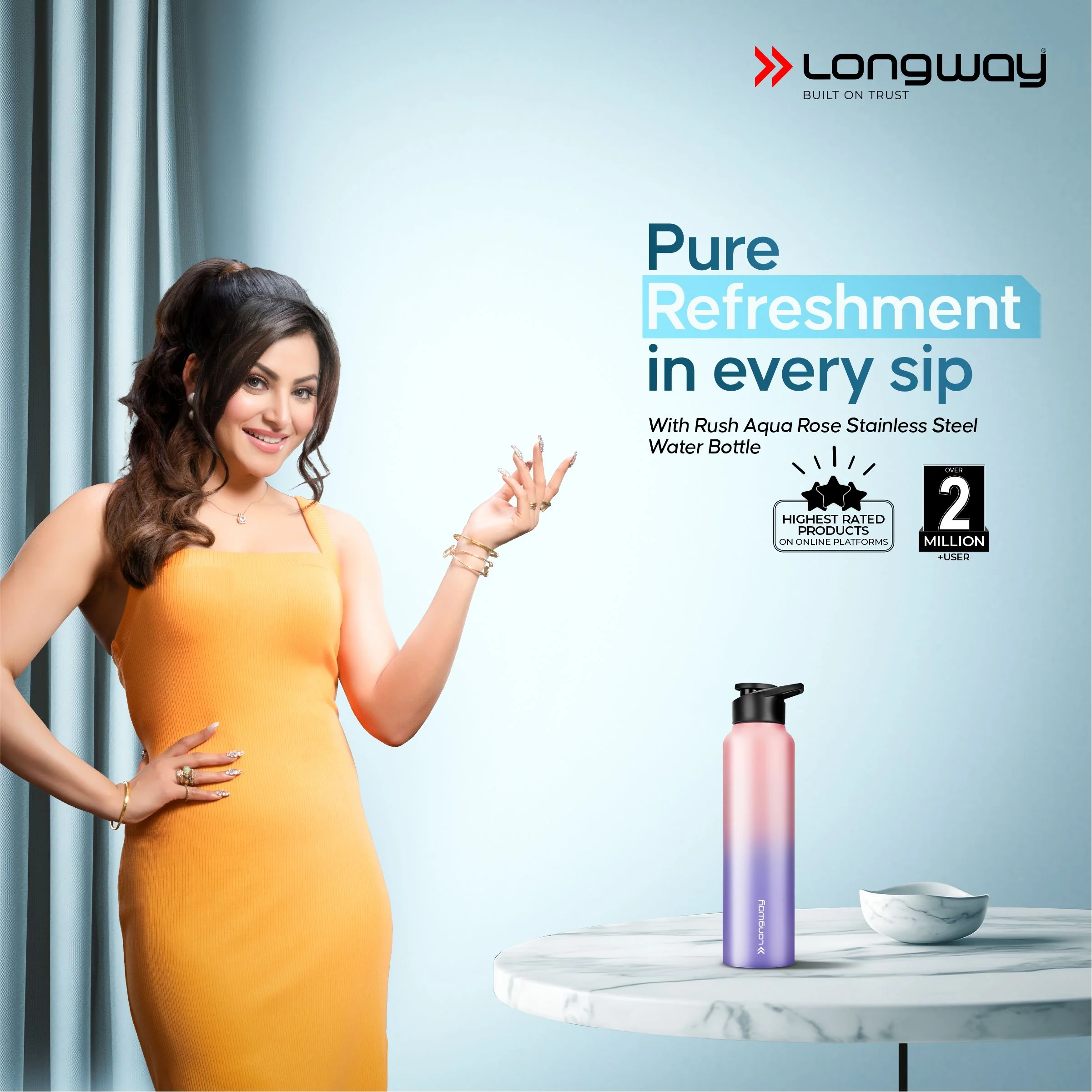 Longway Rush 1 Ltr Stainless Steel Water Bottle | Leak-Proof & Rust-Free Design | Perfect for School, Office, Home, Gym, Travel & Ideal for Men, Women & Kids (1000 ml, Aqua-Rose) - Image 2