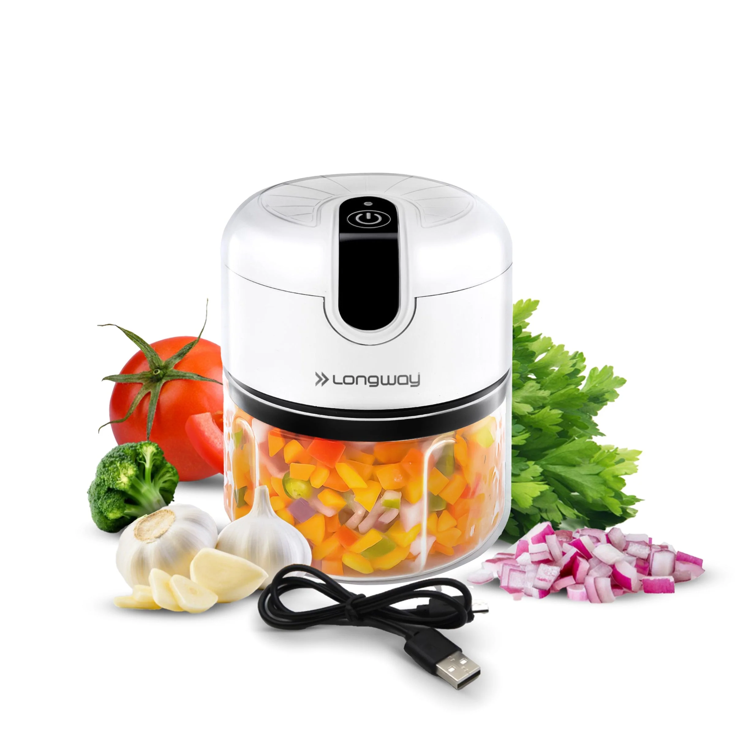 Longway Slicer Rechargeable Mini Electric Chopper | 250ml Food Grade Bowl | Stainless Steel Blades | One Touch Operation | Chopping & Mincing Garlic, Onion, Ginger, Vegetable, Meat, Nuts| Portable & Compact | 1 Year Warranty (White)