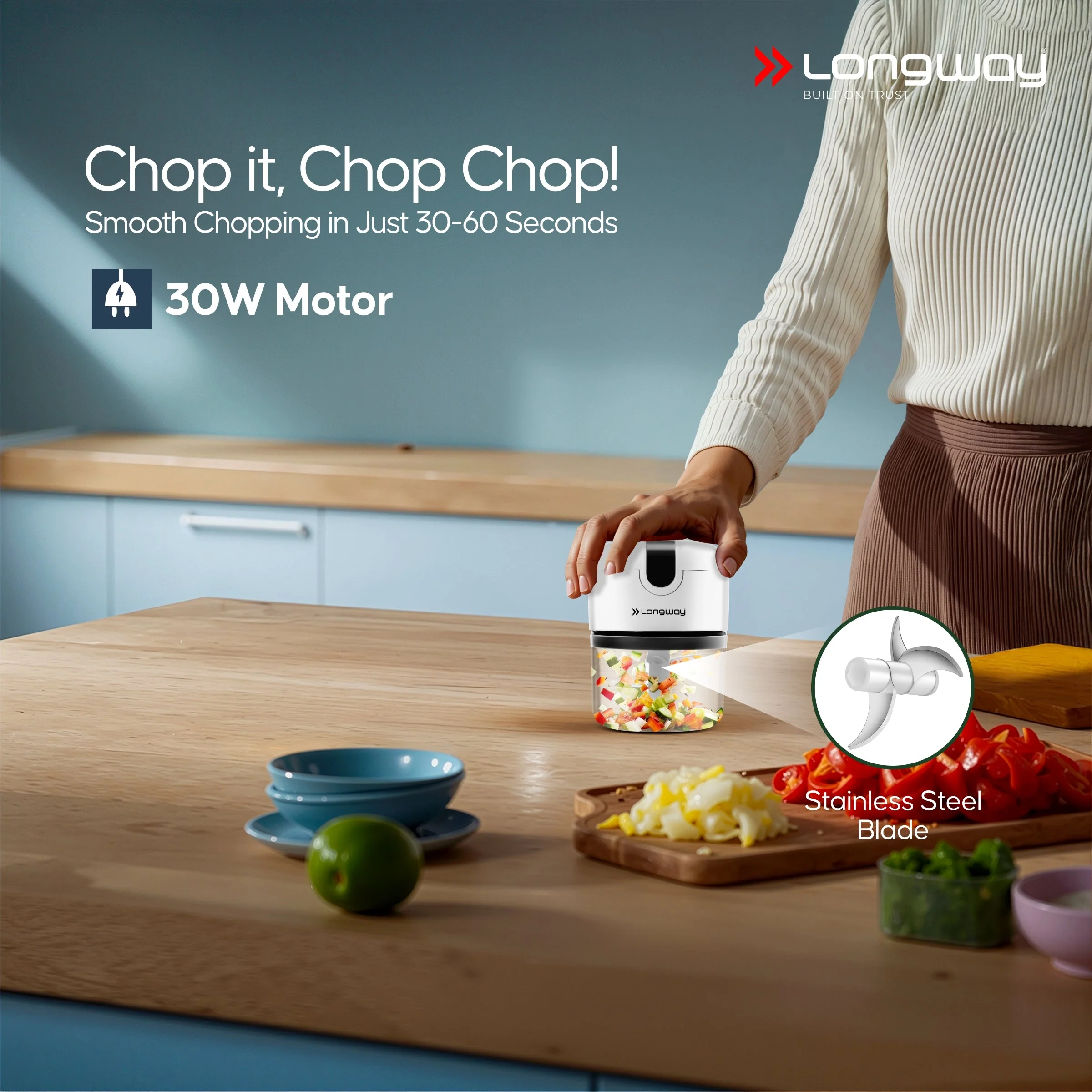 Longway Slicer Rechargeable Mini Electric Chopper | 250ml Food Grade Bowl | Stainless Steel Blades | One Touch Operation | Chopping & Mincing Garlic, Onion, Ginger, Vegetable, Meat, Nuts| Portable & Compact | 1 Year Warranty (White) - Image 3