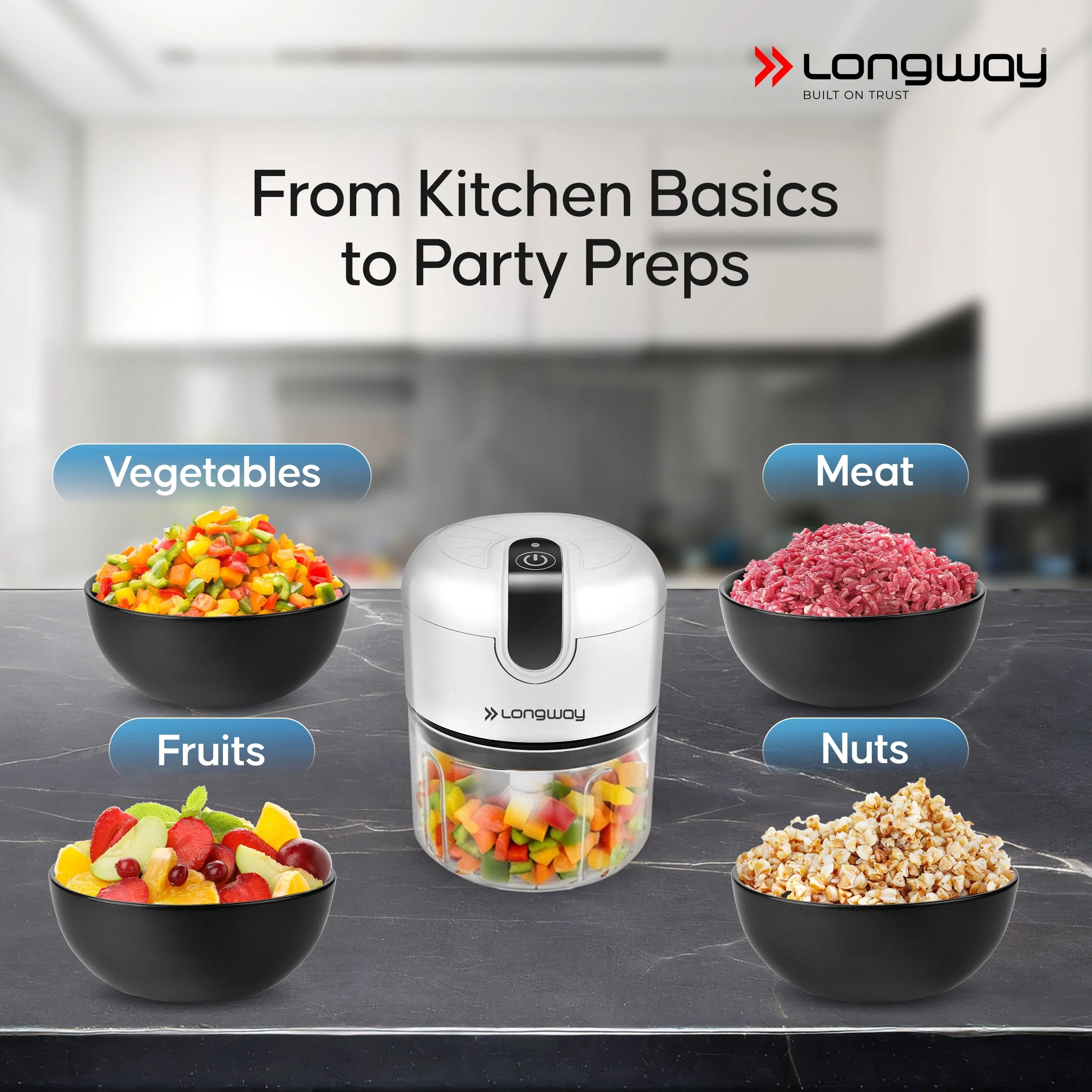 Longway Slicer Rechargeable Mini Electric Chopper | 250ml Food Grade Bowl | Stainless Steel Blades | One Touch Operation | Chopping & Mincing Garlic, Onion, Ginger, Vegetable, Meat, Nuts| Portable & Compact | 1 Year Warranty (White) - Image 4