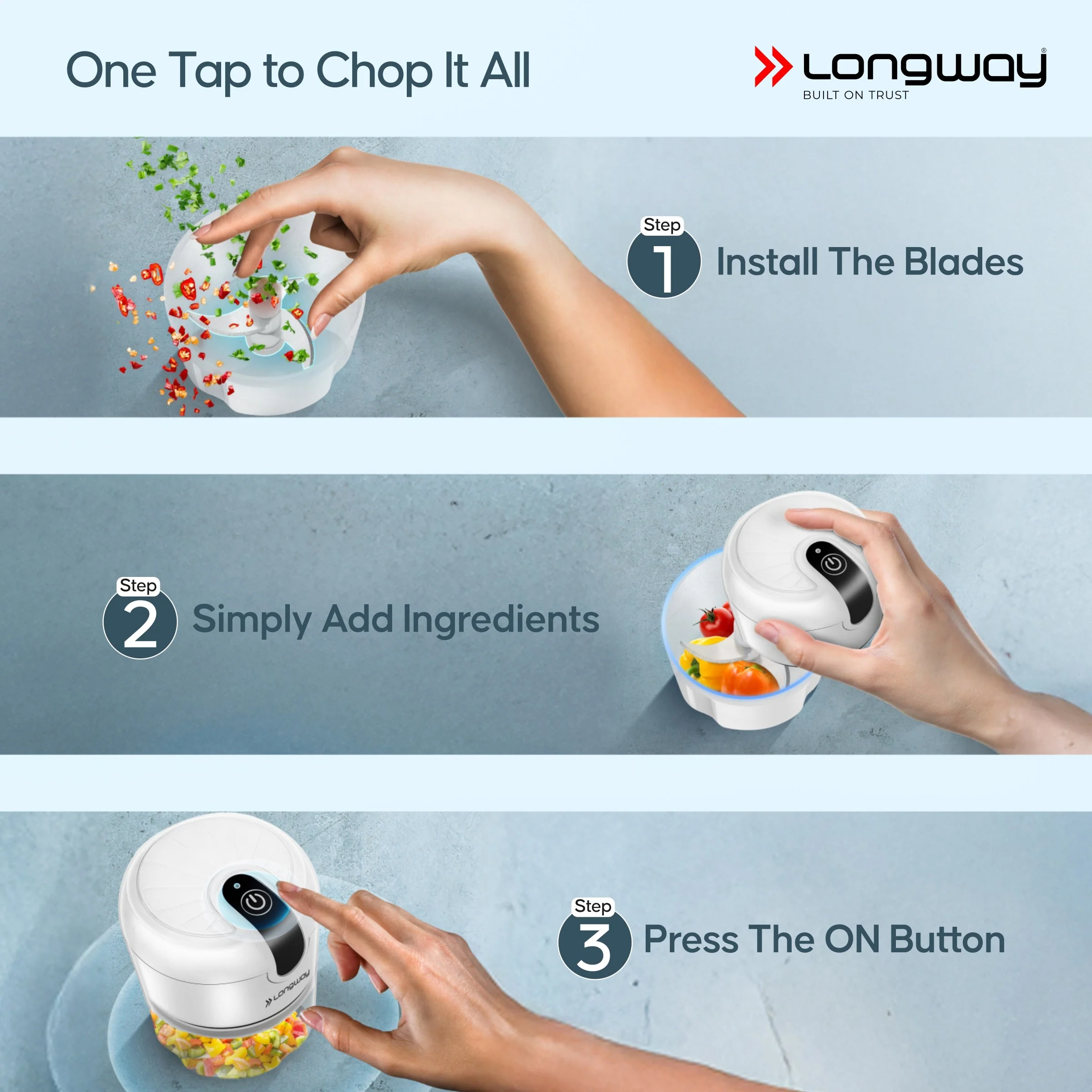 Longway Slicer Rechargeable Mini Electric Chopper | 250ml Food Grade Bowl | Stainless Steel Blades | One Touch Operation | Chopping & Mincing Garlic, Onion, Ginger, Vegetable, Meat, Nuts| Portable & Compact | 1 Year Warranty (White) - Image 5