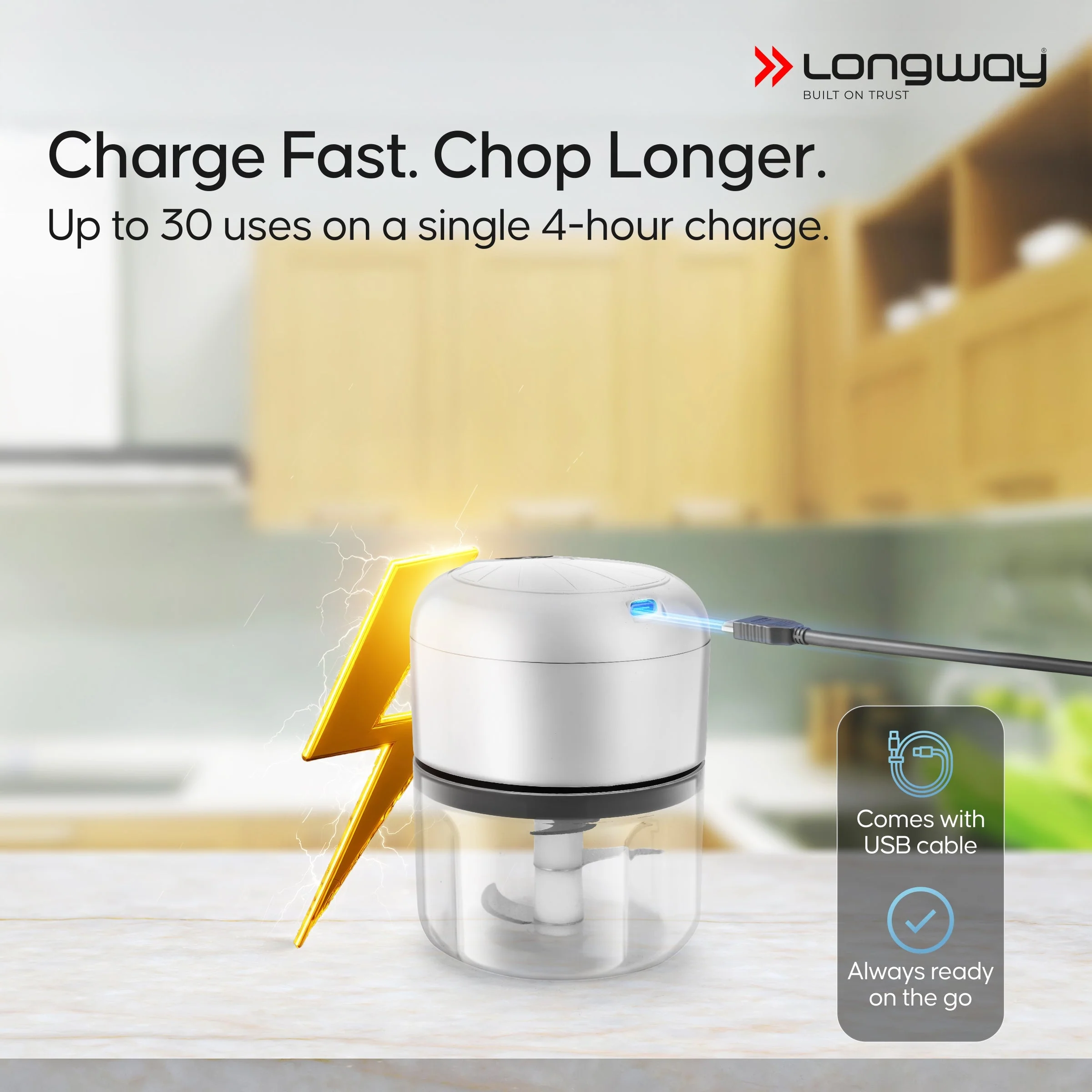 Longway Slicer Rechargeable Mini Electric Chopper | 250ml Food Grade Bowl | Stainless Steel Blades | One Touch Operation | Chopping & Mincing Garlic, Onion, Ginger, Vegetable, Meat, Nuts| Portable & Compact | 1 Year Warranty (White) - Image 6