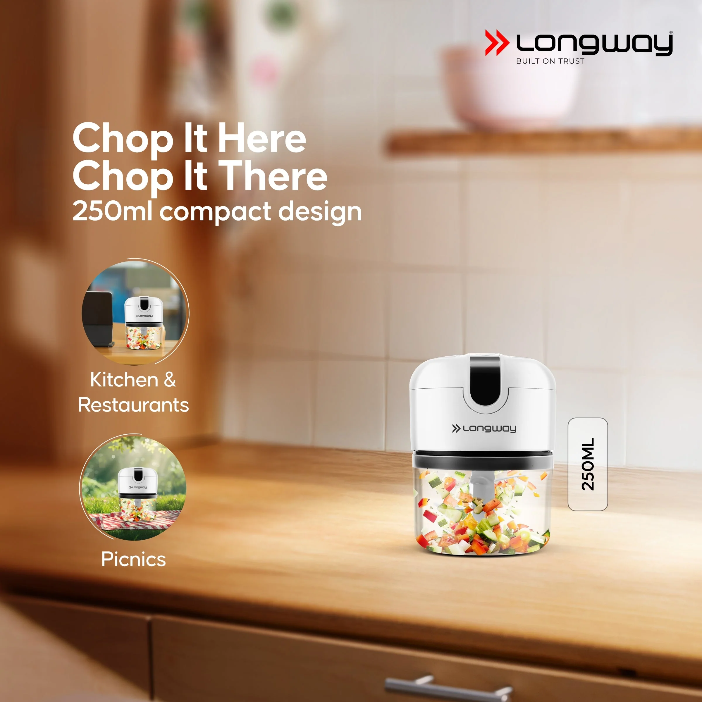 Longway Slicer Rechargeable Mini Electric Chopper | 250ml Food Grade Bowl | Stainless Steel Blades | One Touch Operation | Chopping & Mincing Garlic, Onion, Ginger, Vegetable, Meat, Nuts| Portable & Compact | 1 Year Warranty (White) - Image 8