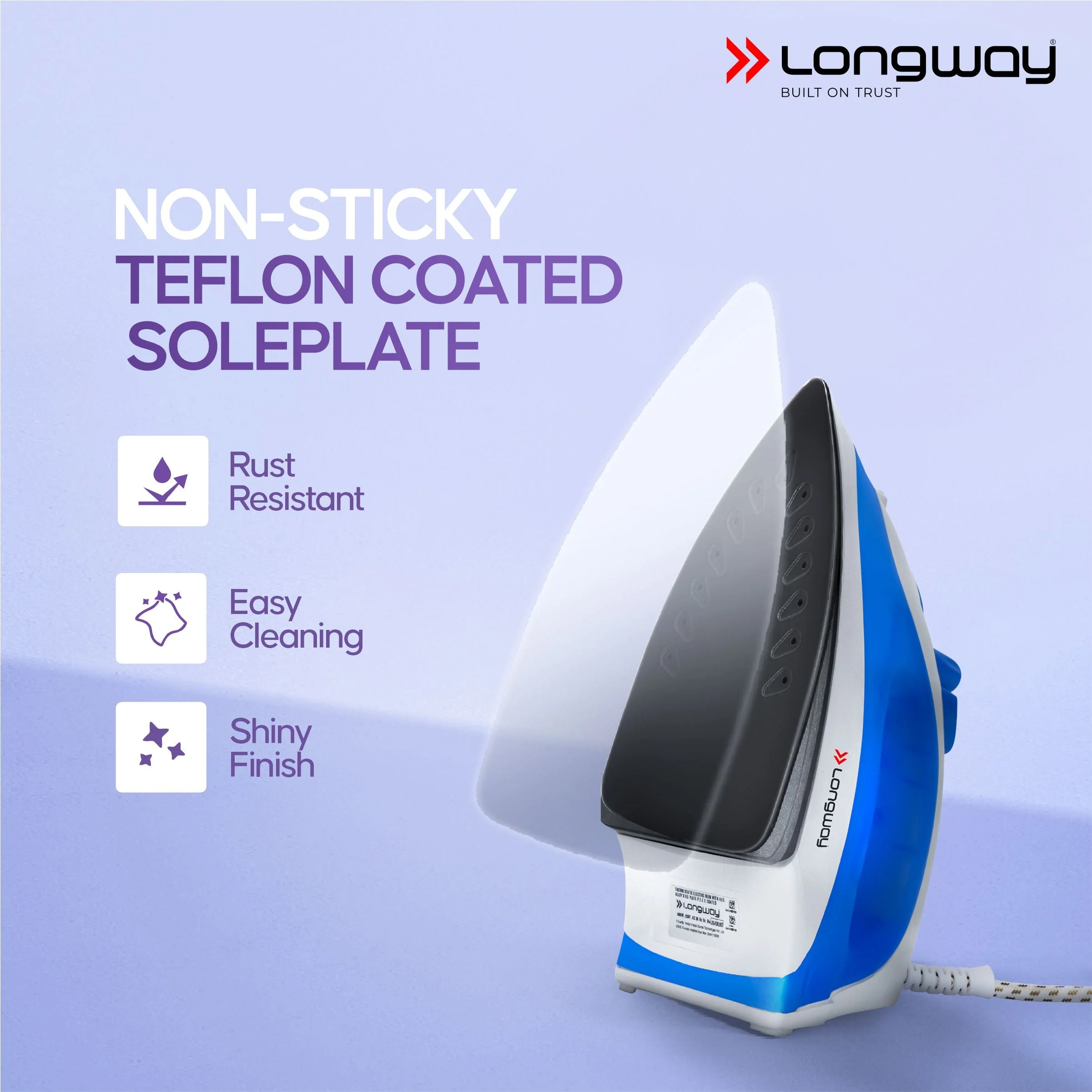 Longway Steamy Light Weight Non Stick Steam Iron, Powerful Steam Output Up to 18 G/Min (1400 Watt, Blue) - Image 7