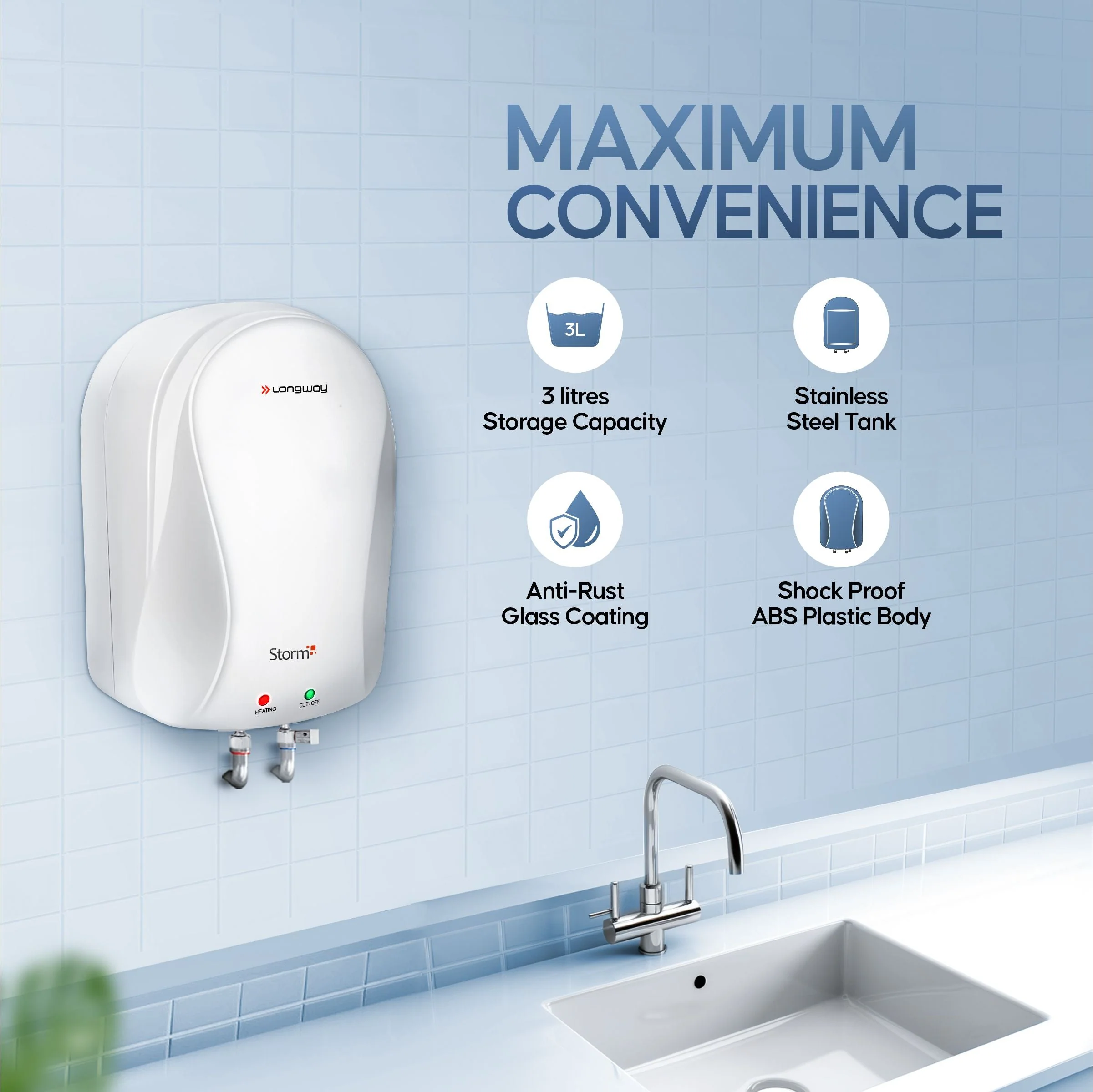 Longway Storm 3 ltr Automatic Instant Water Heater with Multiple Safety System & Rust-Proof ABS Body (Off-White, 3 Ltr) - Image 3