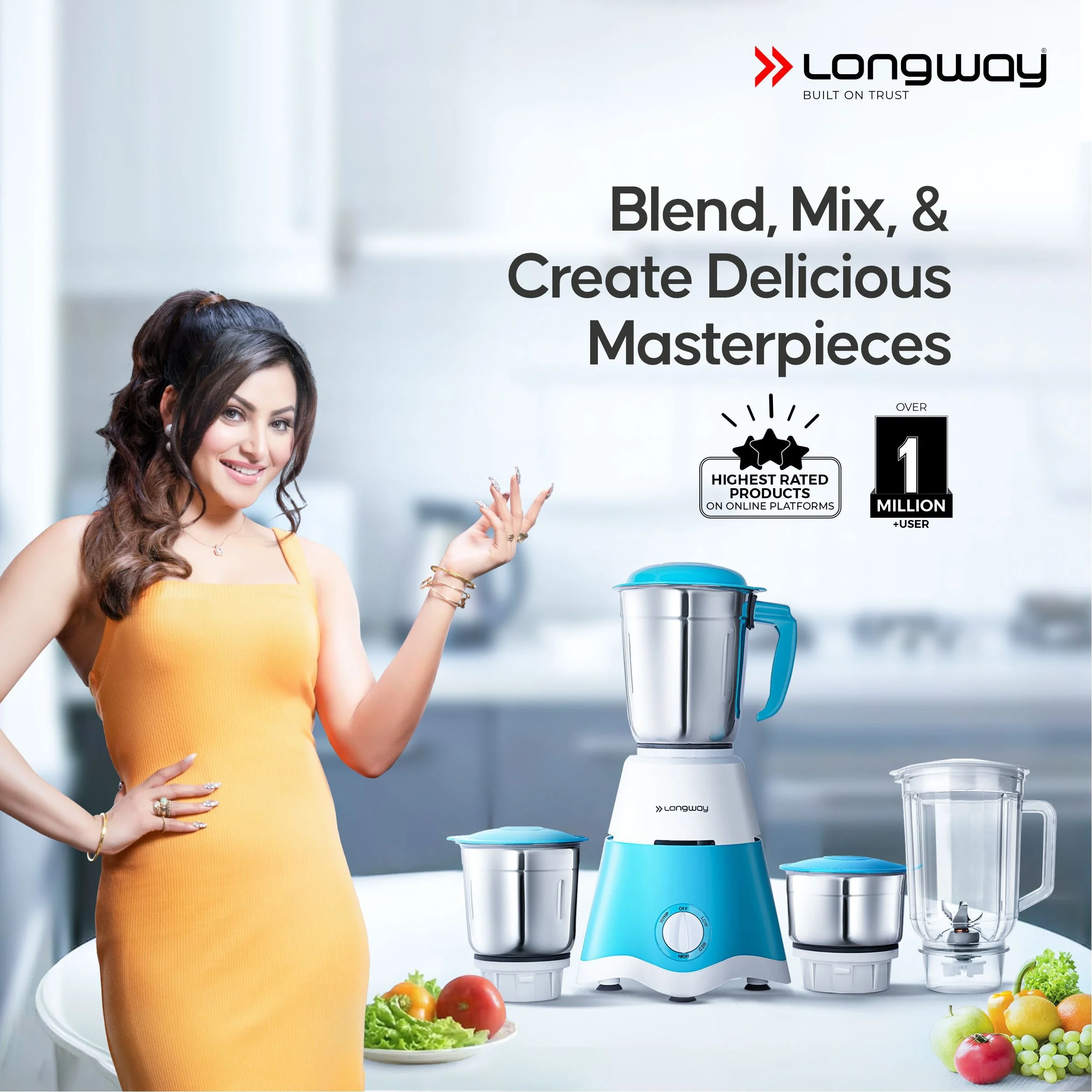 Longway Super Dlx Juicer Mixer Grinder | Up to 750 Watt Powerful Motor | 4 Jars for Grinding, Mixing, Juicing | 2 Year Warranty | Blue & White - Image 2