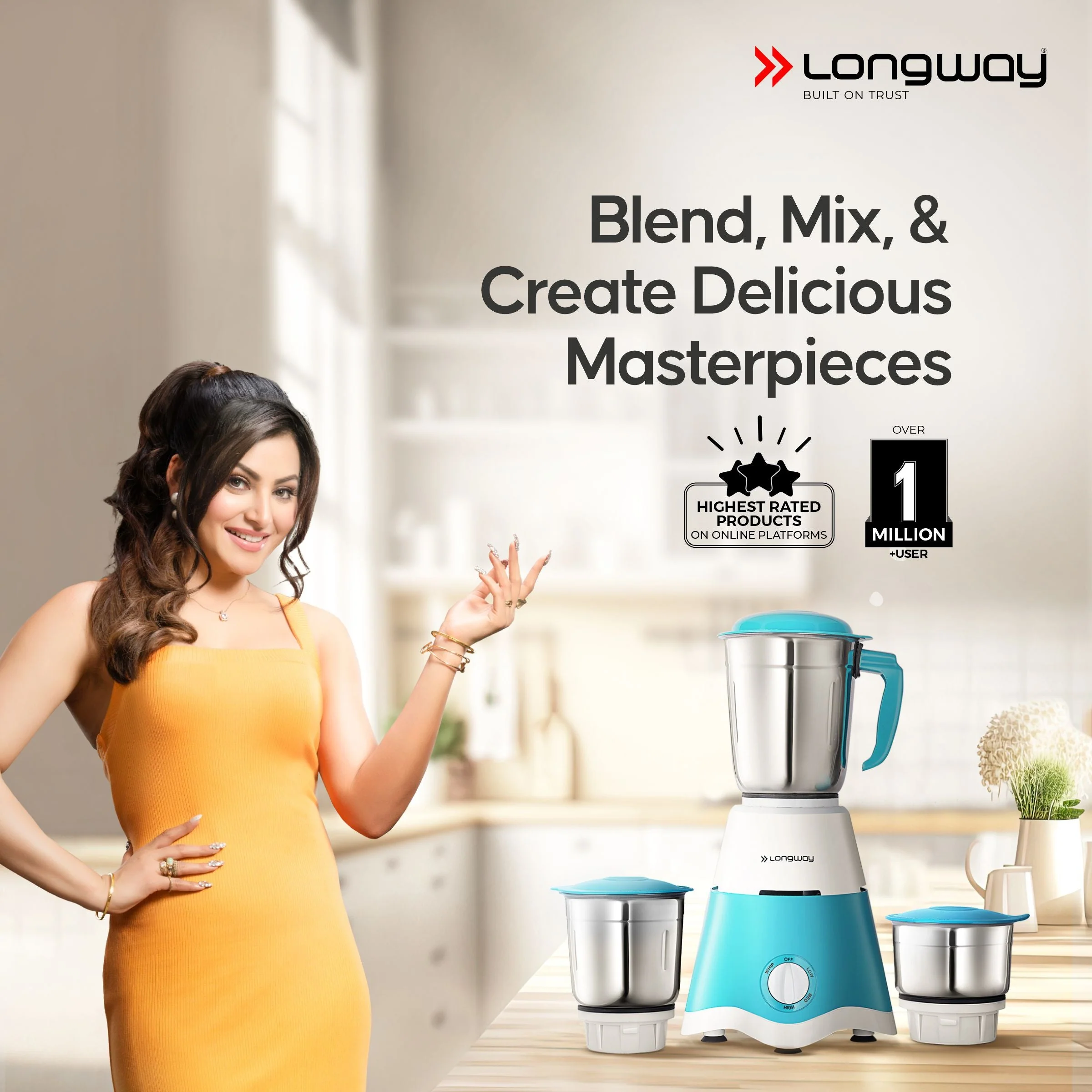 Longway Super Dlx Mixer Grinder | Up to 700 Watt Powerful Motor | 3 Jars for Grinding, Mixing, Juicing | 2 Year Warranty (Blue & White, 3 Jars) - Image 2