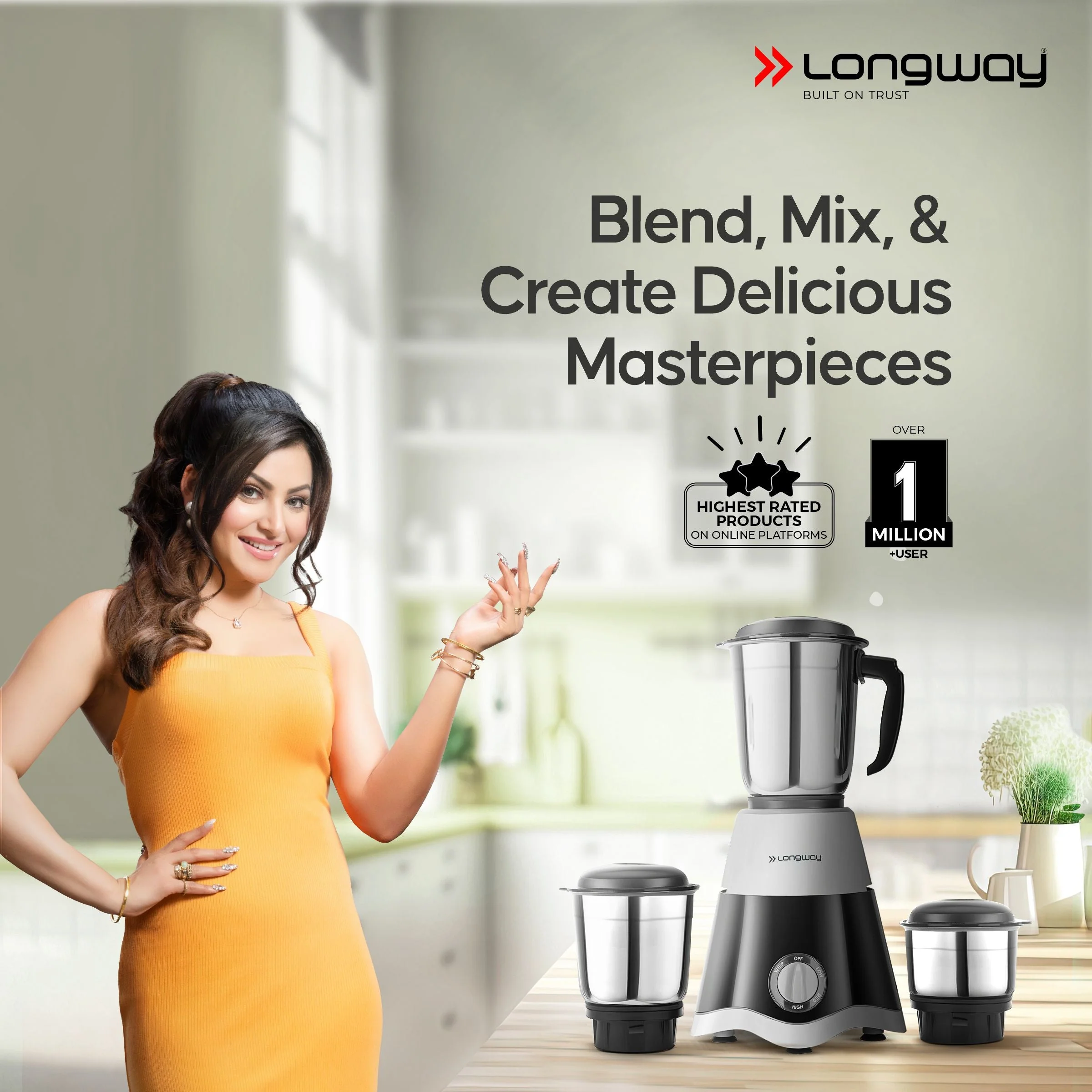 Longway Super Dlx Mixer Grinder | Up to 700 Watt Powerful Motor | 3 Jars for Grinding, Mixing, Juicing | 2 Years Warranty (Black & Gray, 3 Jars) - Image 2