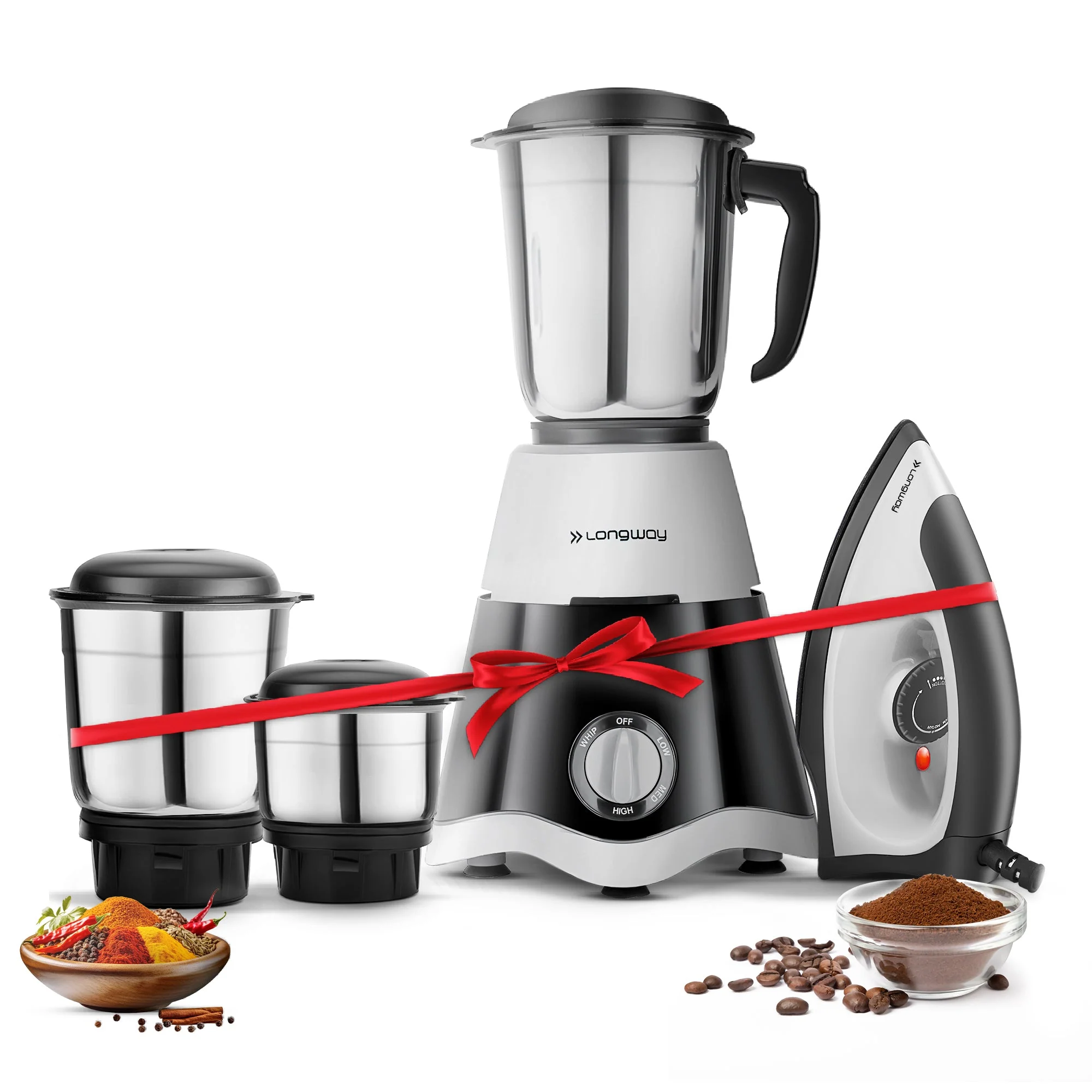 Longway Super Dlx Mixer Grinder with Kwid 1100W Dry Iron | Up to 700 Watt Powerful Motor | 3 Jars for Grinding, Mixing, Juicing | 2 Years Warranty (Black & Gray, Combo Offer)