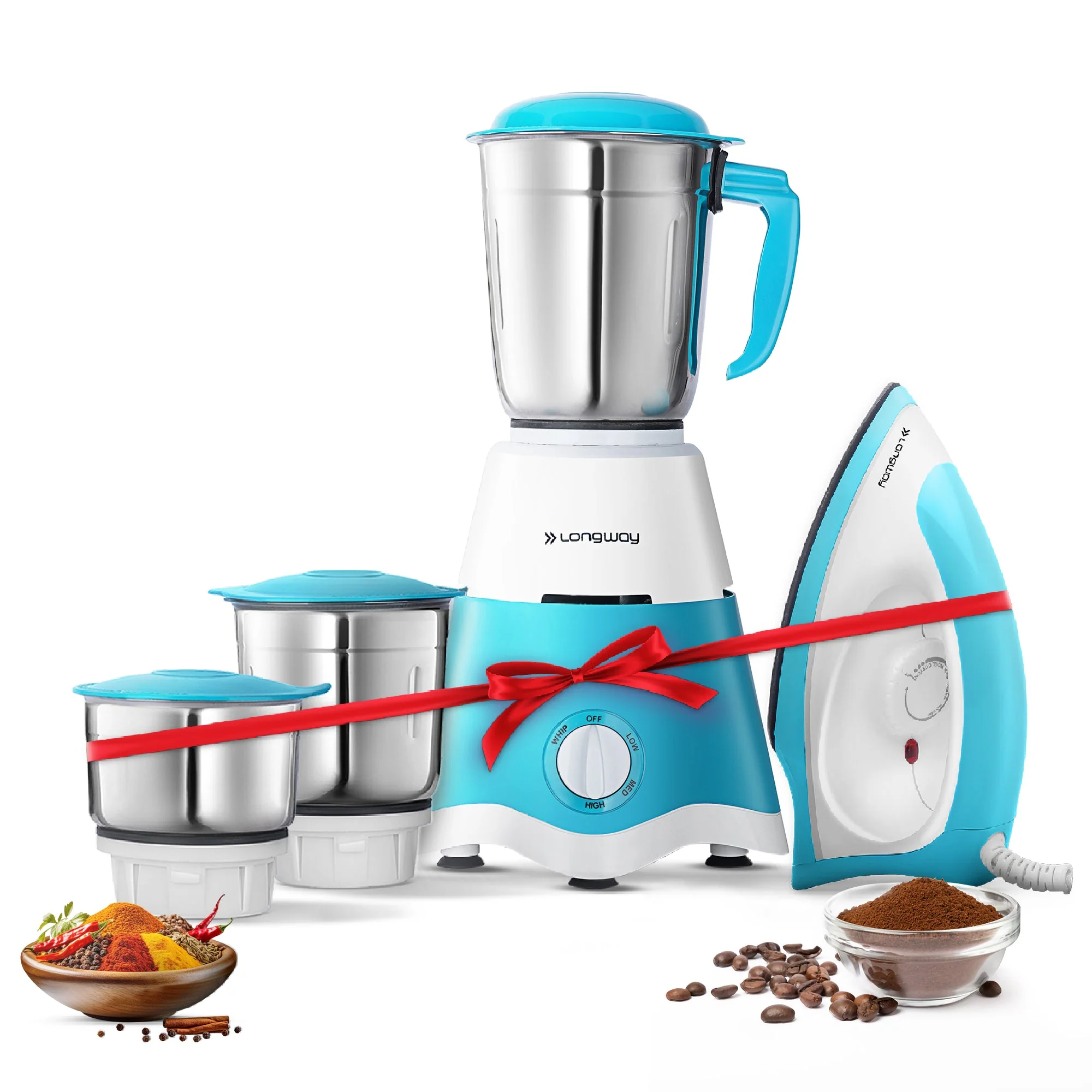 Longway Super Dlx Mixer Grinder with Kwid 1100W Dry Iron | Up to 700 Watt Powerful Motor | 3 Jars for Grinding, Mixing, Juicing | 2 Years Warranty (Blue & White, Combo Offer)
