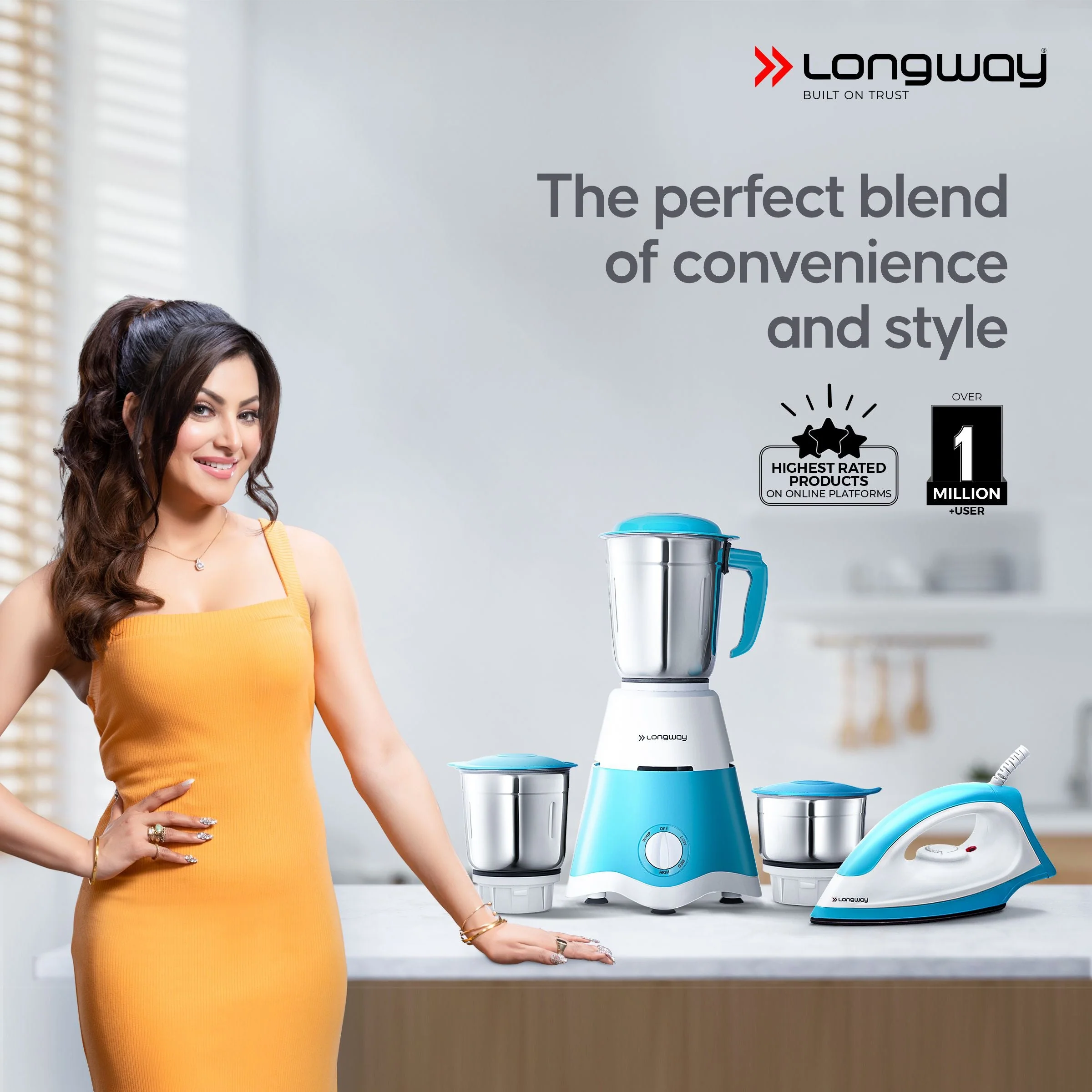 Longway Super Dlx Mixer Grinder with Kwid 1100W Dry Iron | Up to 700 Watt Powerful Motor | 3 Jars for Grinding, Mixing, Juicing | 2 Years Warranty (Blue & White, Combo Offer) - Image 2