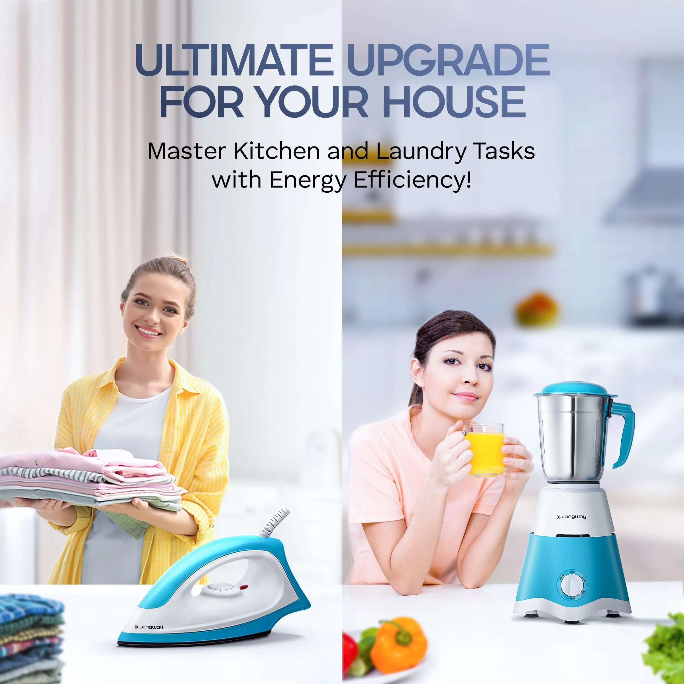 Longway Super Dlx Mixer Grinder with Kwid 1100W Dry Iron | Up to 700 Watt Powerful Motor | 3 Jars for Grinding, Mixing, Juicing | 2 Years Warranty (Blue & White, Combo Offer) - Image 7