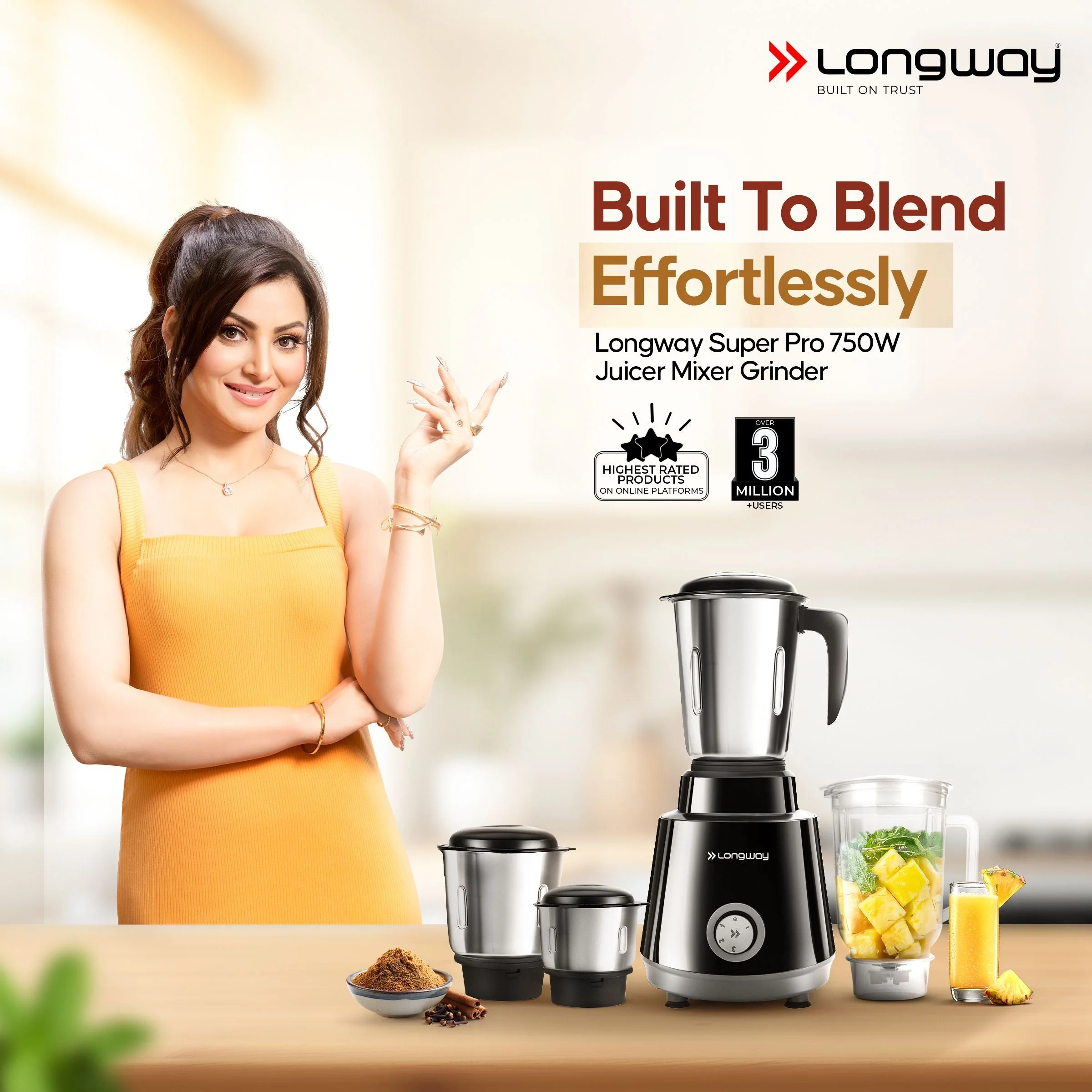 Longway Super Pro Juicer Mixer Grinder | Up to 700 - 750 Watt Powerful Motor | for Grinding, Mixing, Juicing | 2 Year Warranty - Image 2