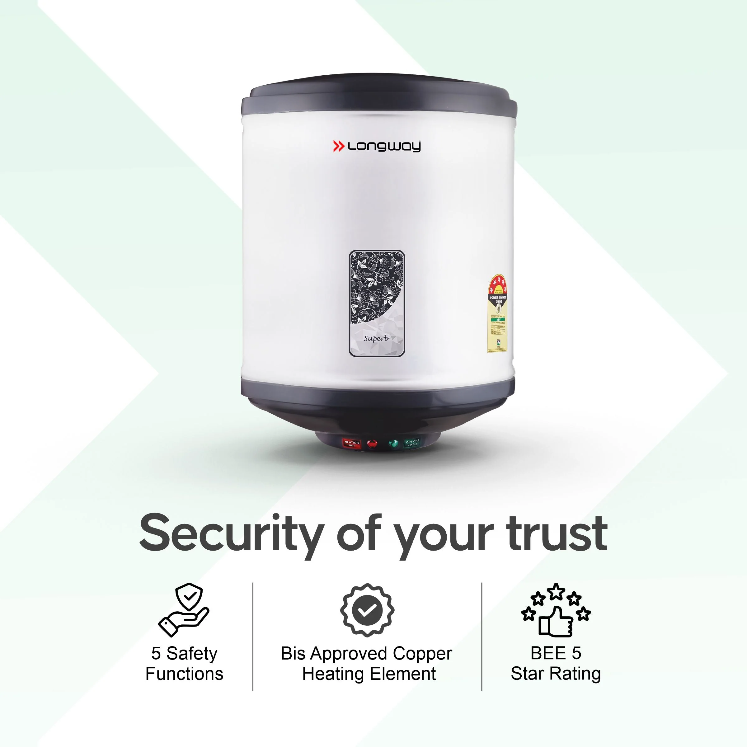 Longway Superb 15 Ltr 5 Star Rated Automatic Storage Water Heater for Home, Water Geyser, Water Heater, Electric Geyser with Multiple Safety System & Anti-Rust Coating | 5-Years Warranty on Tank | (Gray, 15 Ltr) - Image 7