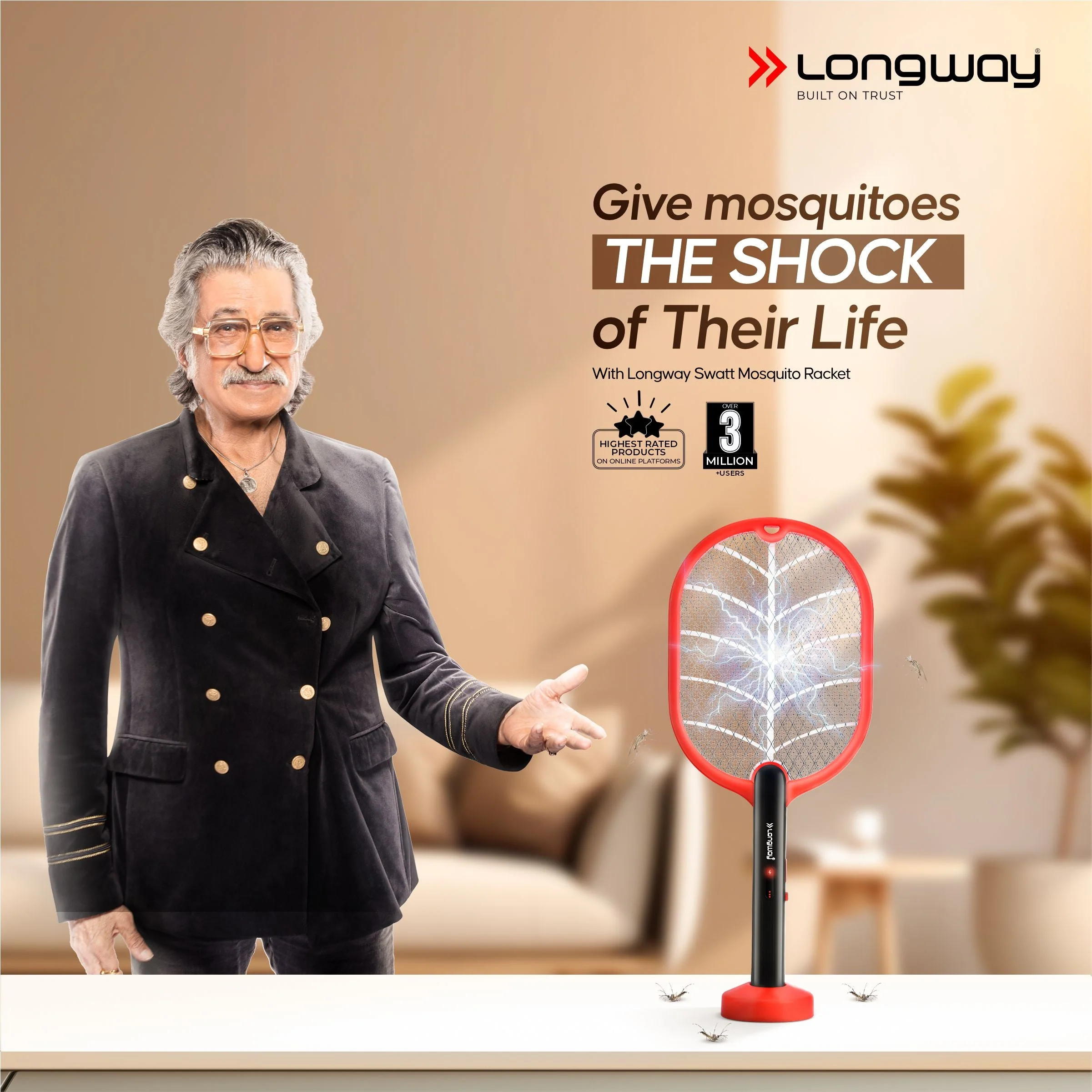 Longway Swatt Rechargeable Mosquito Racket | 3500V DC Voltage on the Net Mesh| Insect Killer Bat | 1200mAH Battery | Large Net Area for Better Coverage | Long Lasting Internal Battery | 1 Year Warranty (Black) - Image 2