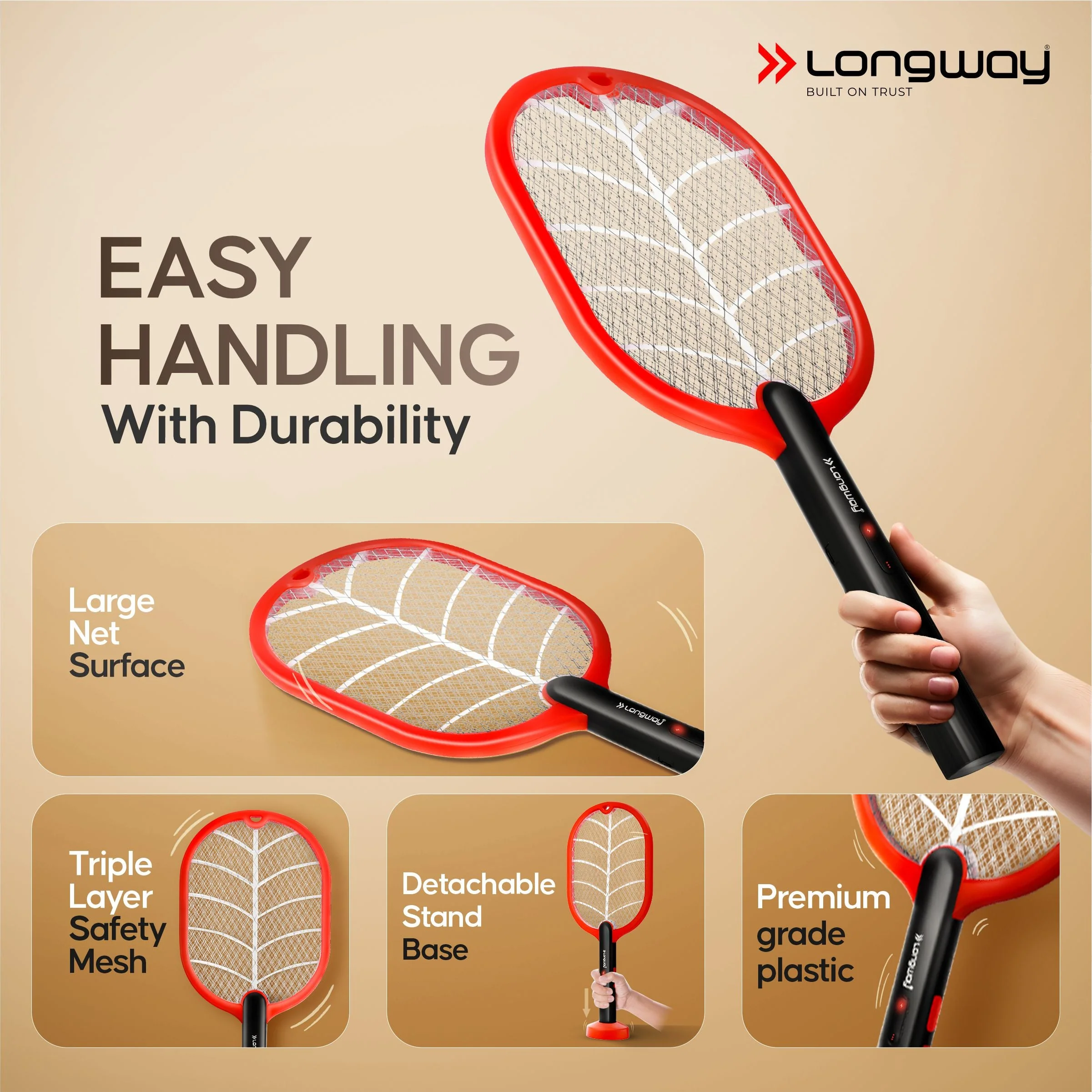 Longway Swatt Rechargeable Mosquito Racket | 3500V DC Voltage on the Net Mesh| Insect Killer Bat | 1200mAH Battery | Large Net Area for Better Coverage | Long Lasting Internal Battery | 1 Year Warranty (Black) - Image 4