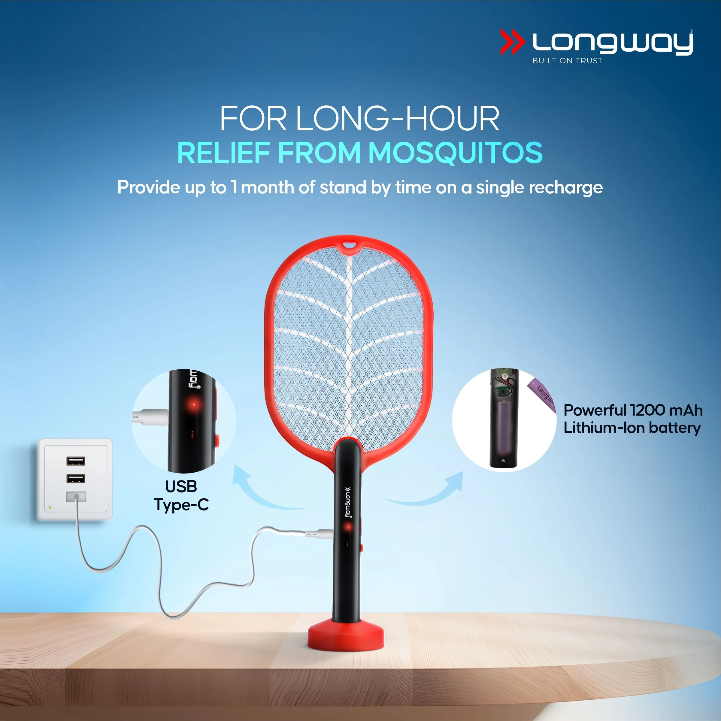Longway Swatt Rechargeable Mosquito Racket | 3500V DC Voltage on the Net Mesh| Insect Killer Bat | 1200mAH Battery | Large Net Area for Better Coverage | Long Lasting Internal Battery | 1 Year Warranty (Black) - Image 5