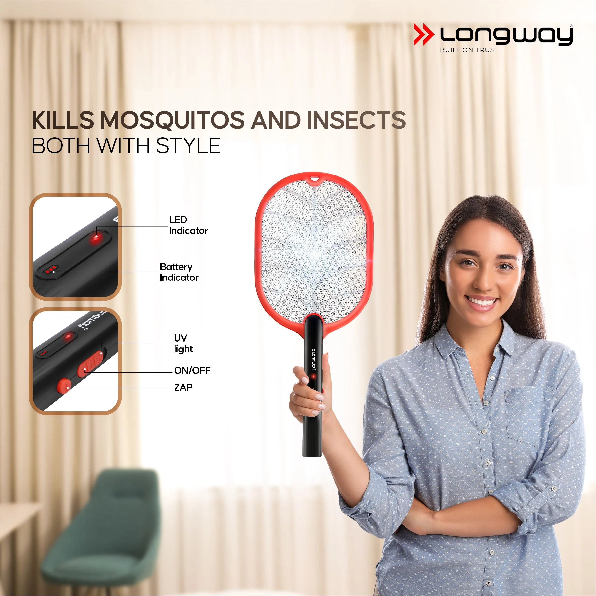 Longway Swatt Rechargeable Mosquito Racket | 3500V DC Voltage on the Net Mesh| Insect Killer Bat | 1200mAH Battery | Large Net Area for Better Coverage | Long Lasting Internal Battery | 1 Year Warranty (Black) - Image 7