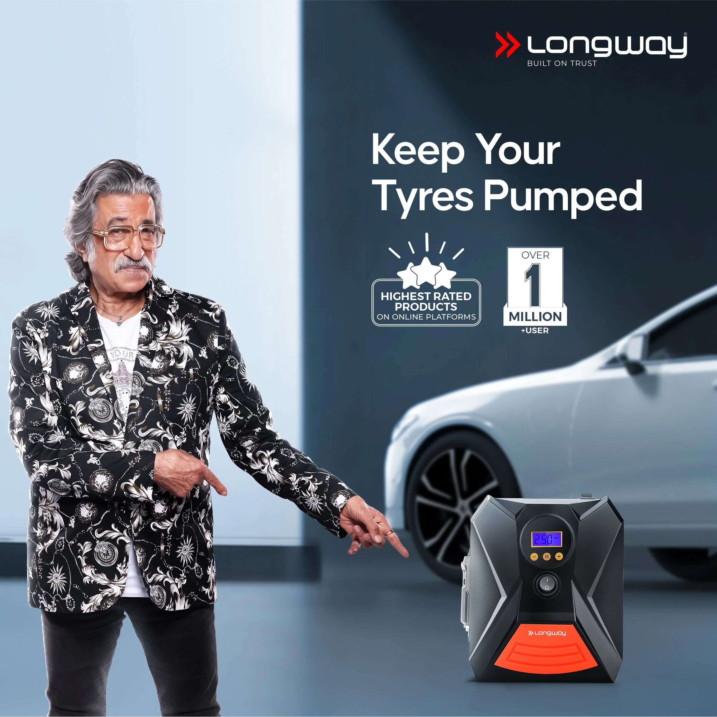 Longway Tyro Portable Digital Heavy Air Compressor Rapid Super-Fast Auto Tyre Pump With Emergency Lighting LED And Long Cable For Car, Motorcycle, Car Tyre, Basketball Inflator DC 12V (Red Black) - Image 2