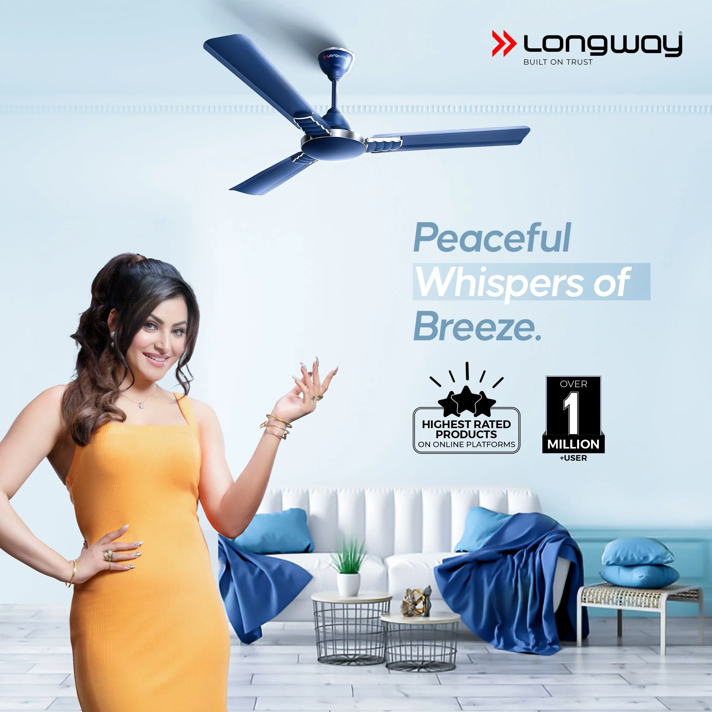 Longway Wave P2 1200 mm/48 inch 400 RPM Ultra High Speed 3 Blade Star Rated Anti-Dust Decorative Ceiling Fan (Silver Blue, Pack of 2) - Image 2