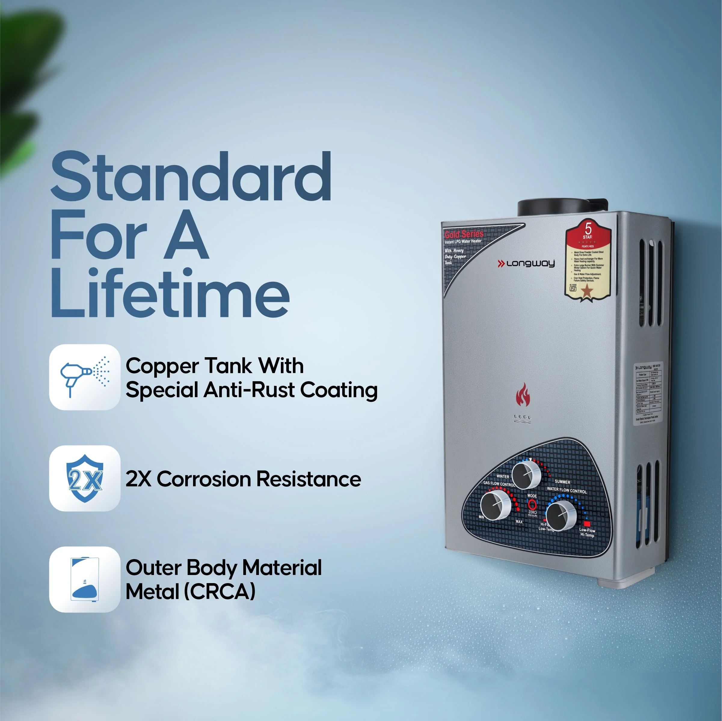 Longway Xolo Gold Dlx 7 Ltr 5 Star Rated Automatic Gas Water Heater for Home, Water Geyser, Water Heater, Gas Geyser with Multiple Safety System & Anti-Rust Coating | 1-Year Warranty | (Silver, 7 Ltr) - Image 5