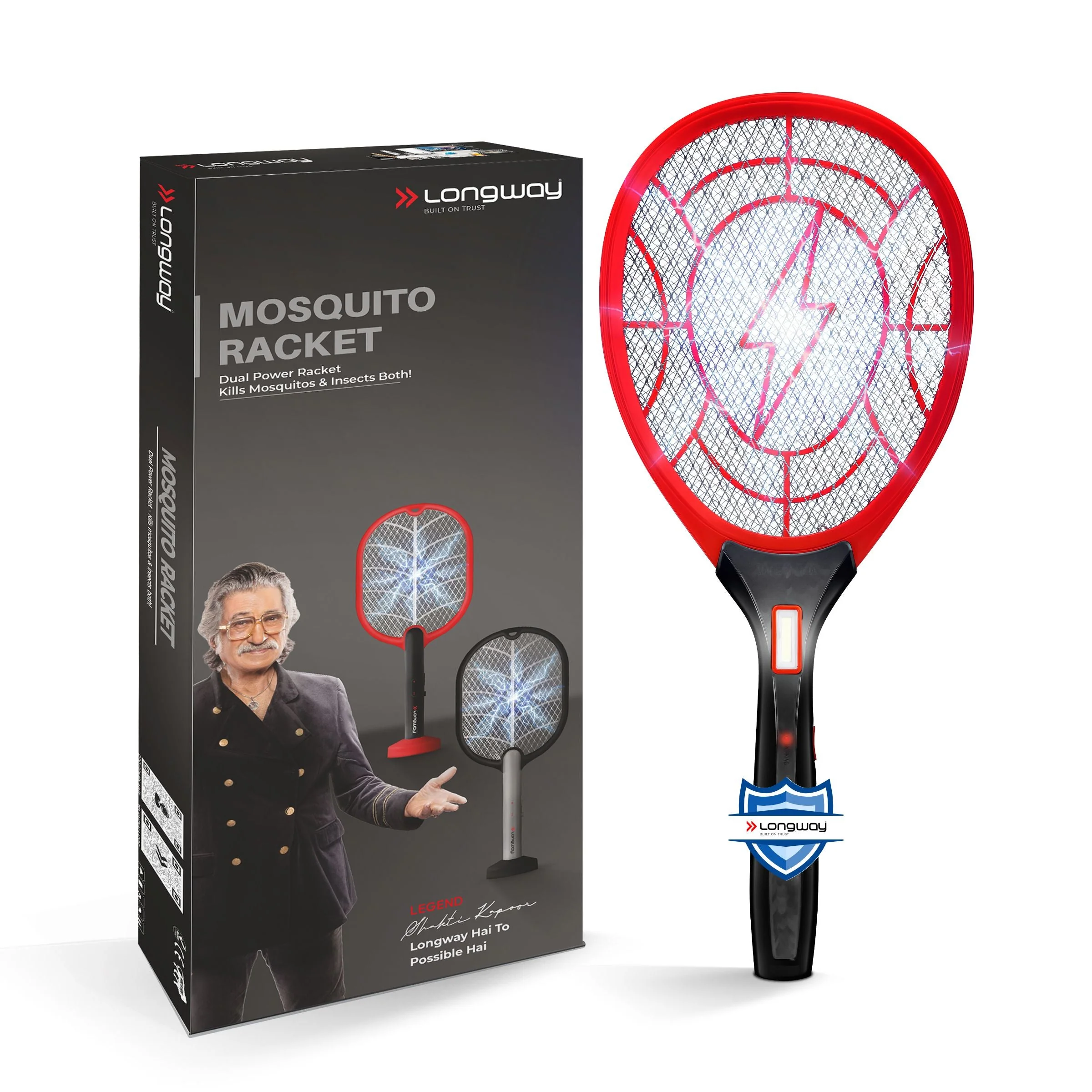 Longway Zappy Rechargeable Mosquito Racket | 3500V DC Voltage on the Net Mesh| Insect Killer Bat | 500mAH Battery | Large Net Area for Better Coverage | Long Lasting Internal Battery | 1 Year Warranty (Black)