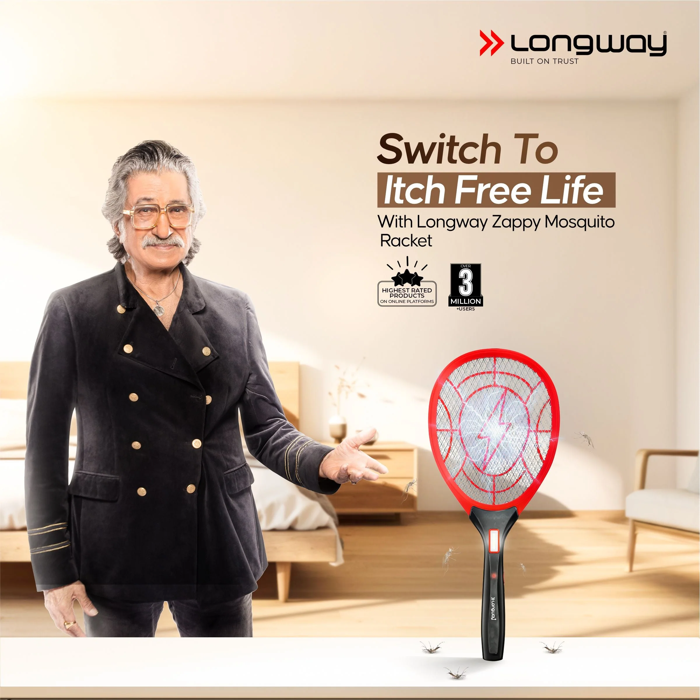 Longway Zappy Rechargeable Mosquito Racket | 3500V DC Voltage on the Net Mesh| Insect Killer Bat | 500mAH Battery | Large Net Area for Better Coverage | Long Lasting Internal Battery | 1 Year Warranty (Black) - Image 2