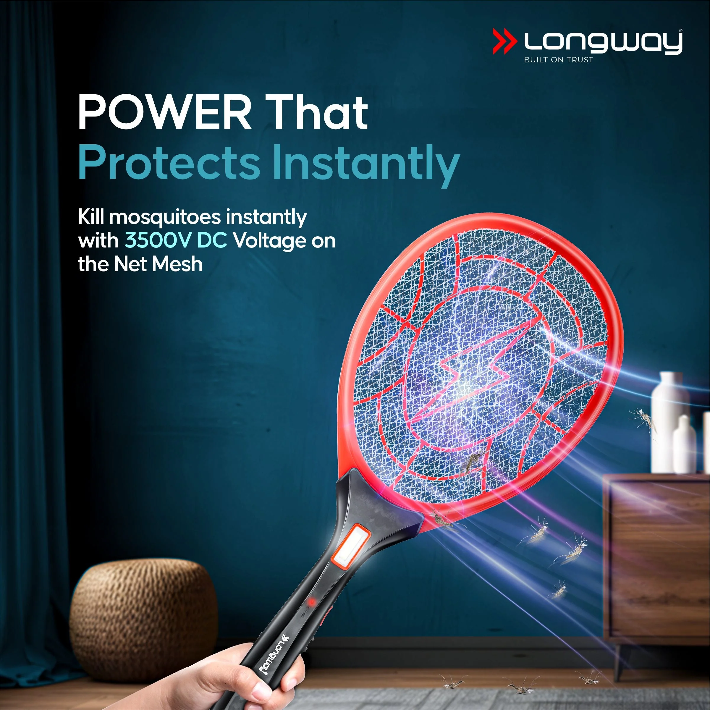 Longway Zappy Rechargeable Mosquito Racket | 3500V DC Voltage on the Net Mesh| Insect Killer Bat | 500mAH Battery | Large Net Area for Better Coverage | Long Lasting Internal Battery | 1 Year Warranty (Black) - Image 3